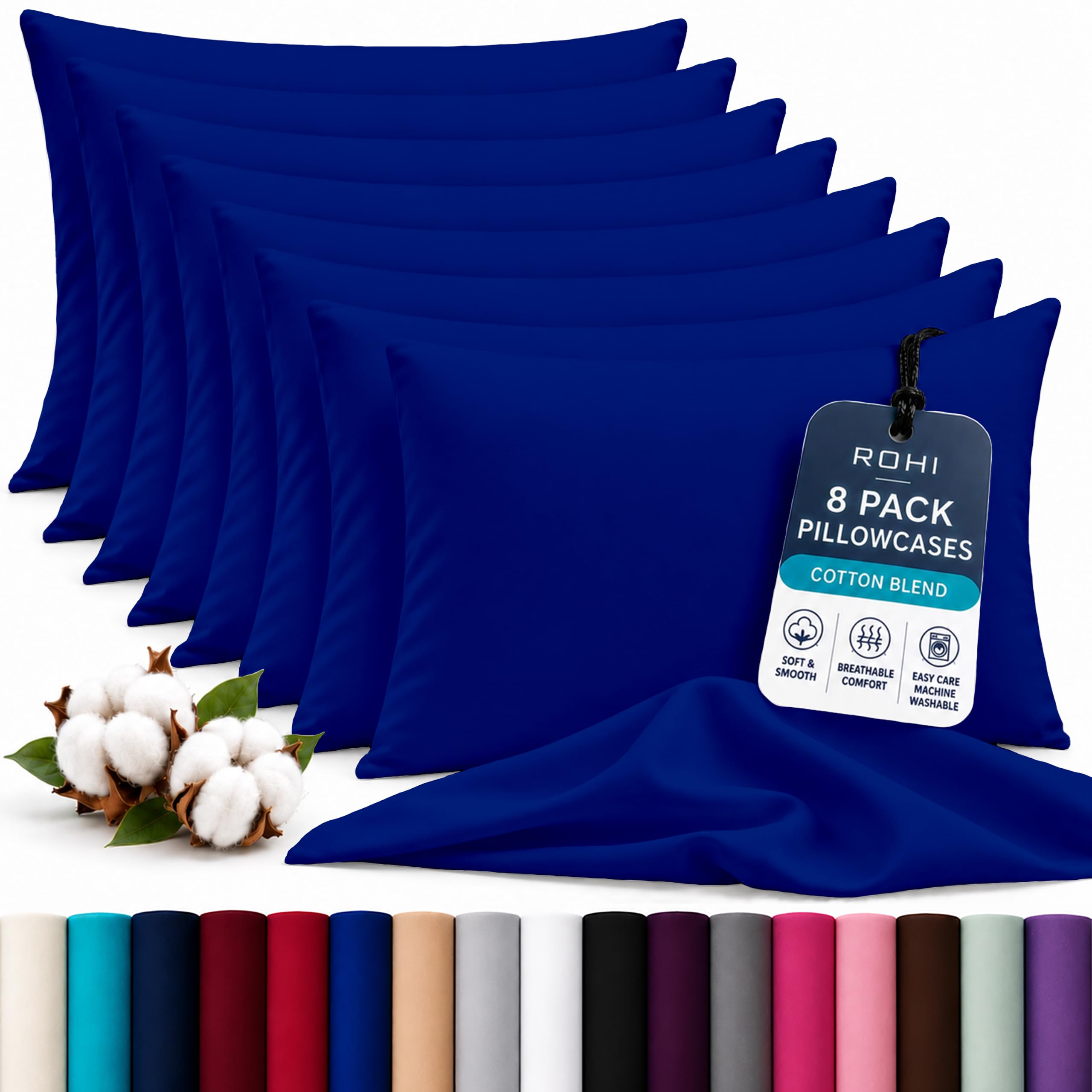Rohi Luxury Navy Pillow Cases 8 Pack - (50×75cm) | Soft & Comfy Cotton Blend Pillow Covers with Envelope Closure | Breathable, Anti-Allergy, Fade & Wrinkle Resistant