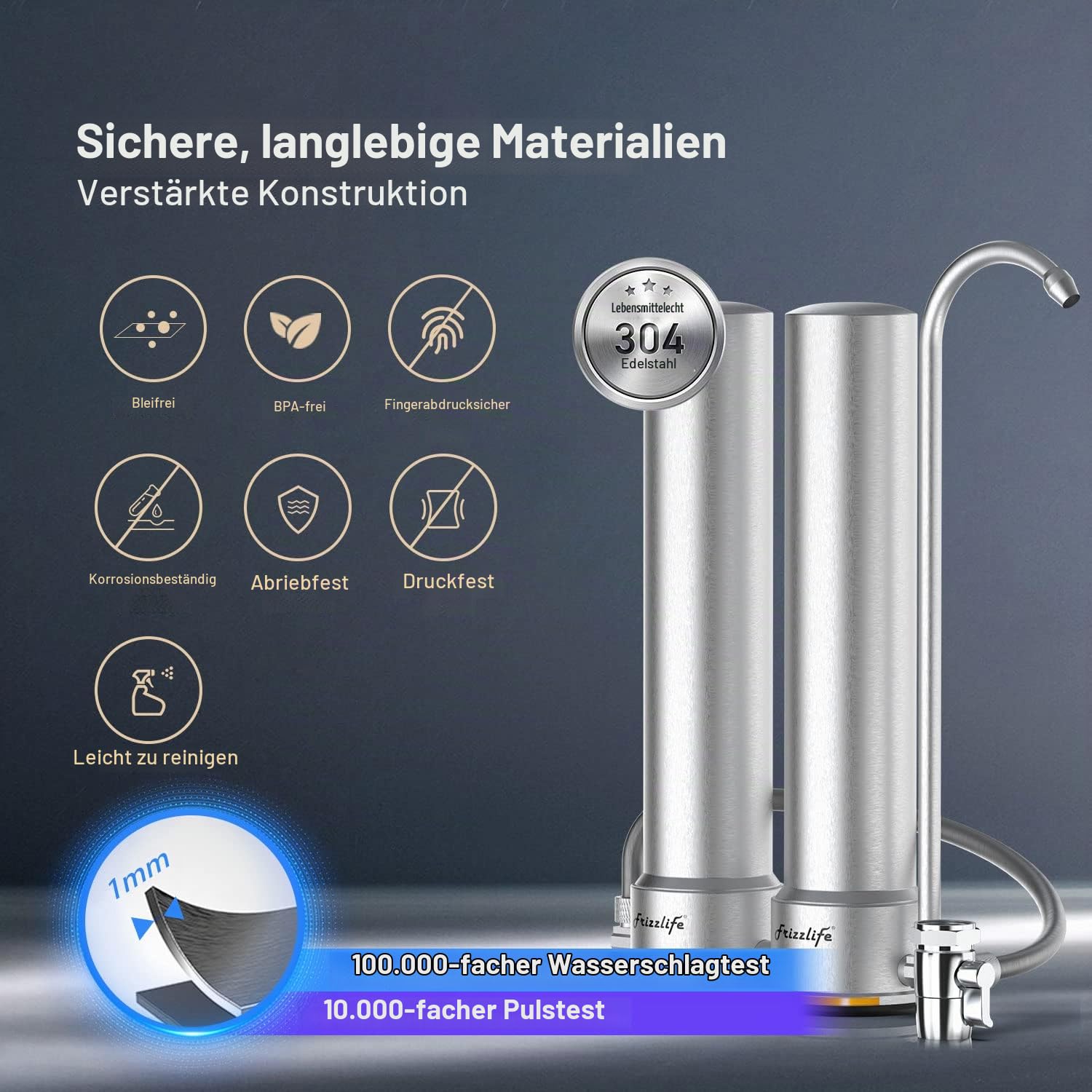 Frizzlife DS99-S Theken-Wasserfiltersystem, 7-stufige Edelstahl-Wasserfilterung, 0,5 Mikron NSF-zertifizierte Elemente reduziert 99,99% Blei, Chlor, Schwermetalle, Kalk und Kalkablagerungen