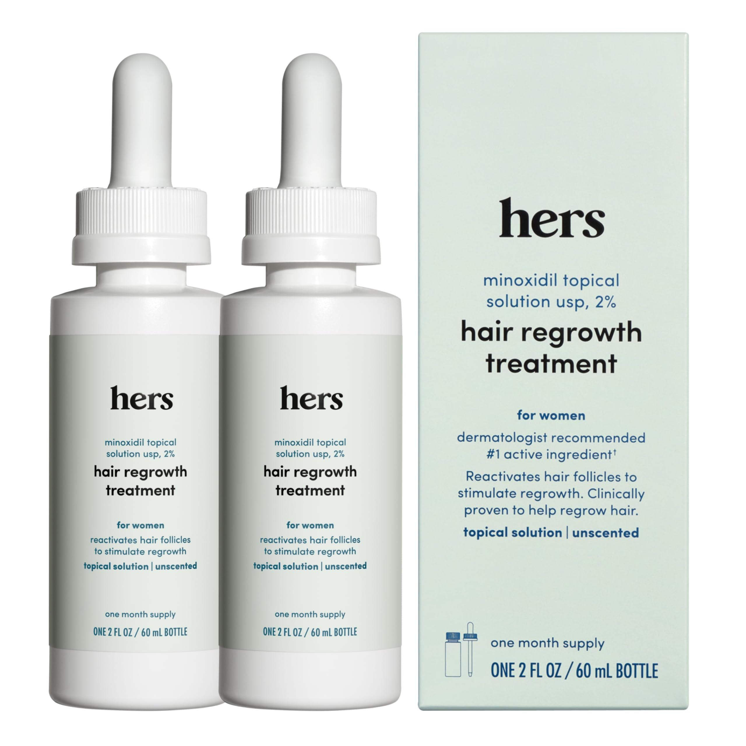 HIMS & HERS Topical Minoxidil Solution, 2% - Hair Growth Treatment for Women - Clinically Proven to Reduce Hair Loss in 3-6 Months - Unscented, 2 Pack