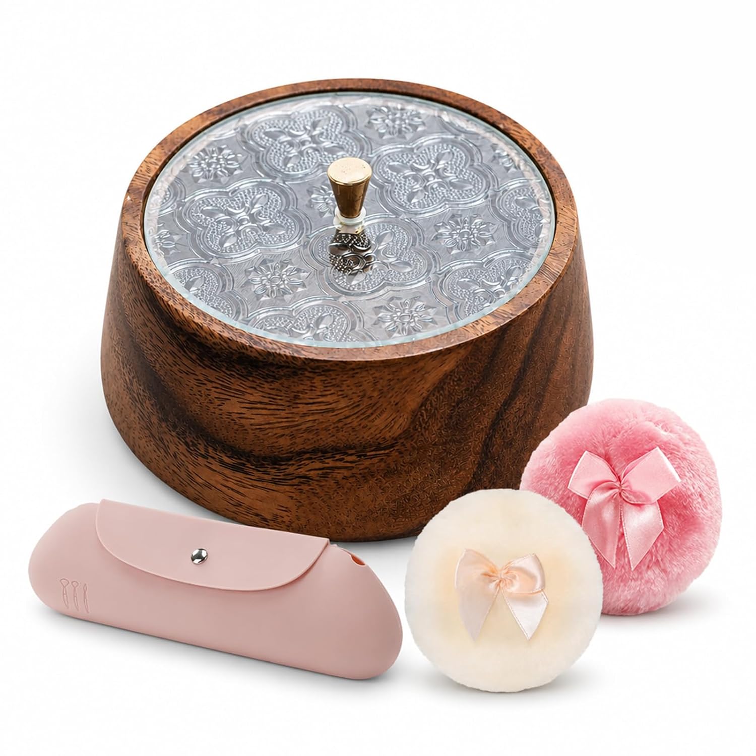 Body Powder Puff and Container Set,5.12'' Wooden Dusting Jar