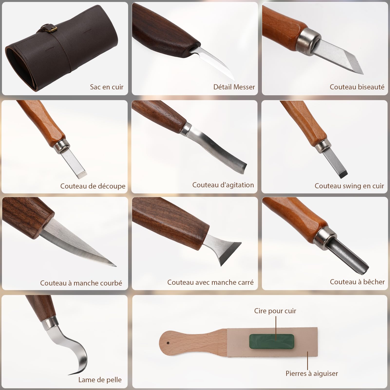 Ciseaux à Bois, 15 in 1 Outils de Sculpture Bois, Outillage Bois avec 5 Couteau Sculpture Bois, Professionnel/Junior Outil de Ciseaux a Bois Kit DIY avec Gants Anti-coupures
