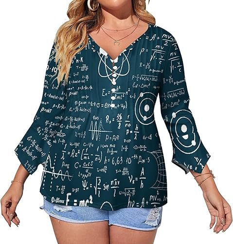 Physical Mathematics Science Formula Women's V Neck Shirt 34 Sleeve Boho Print Tunic Blouse Tops