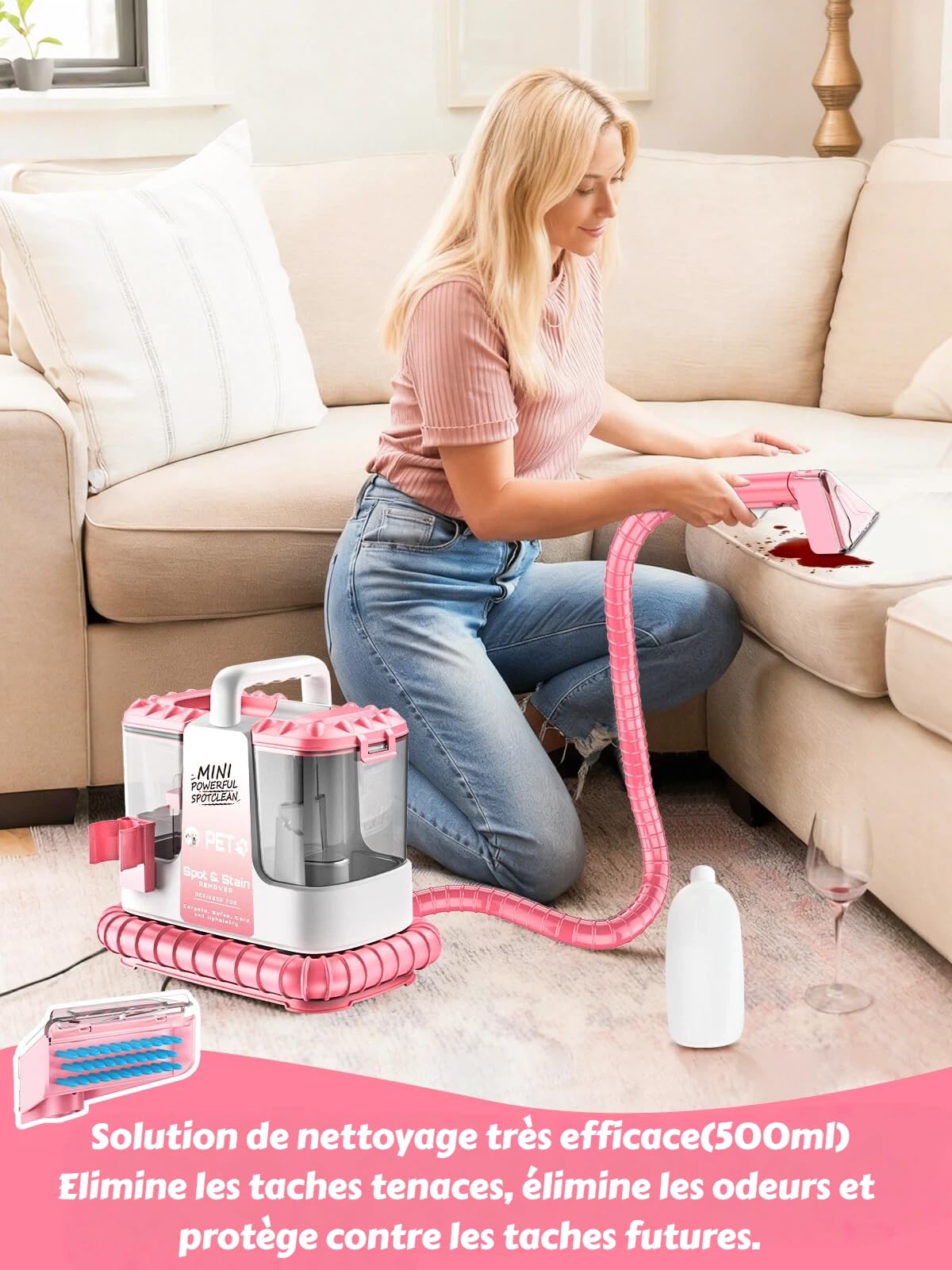 Nettoyeur canapé tissu, 18Kpa Shampouineuse Canapé 600W, Aspirateur Nettoyeur avec 500ml de Solution & 5 Accessoires, pour Tapis, Escaliers, Voiture, Design Léger, Rose