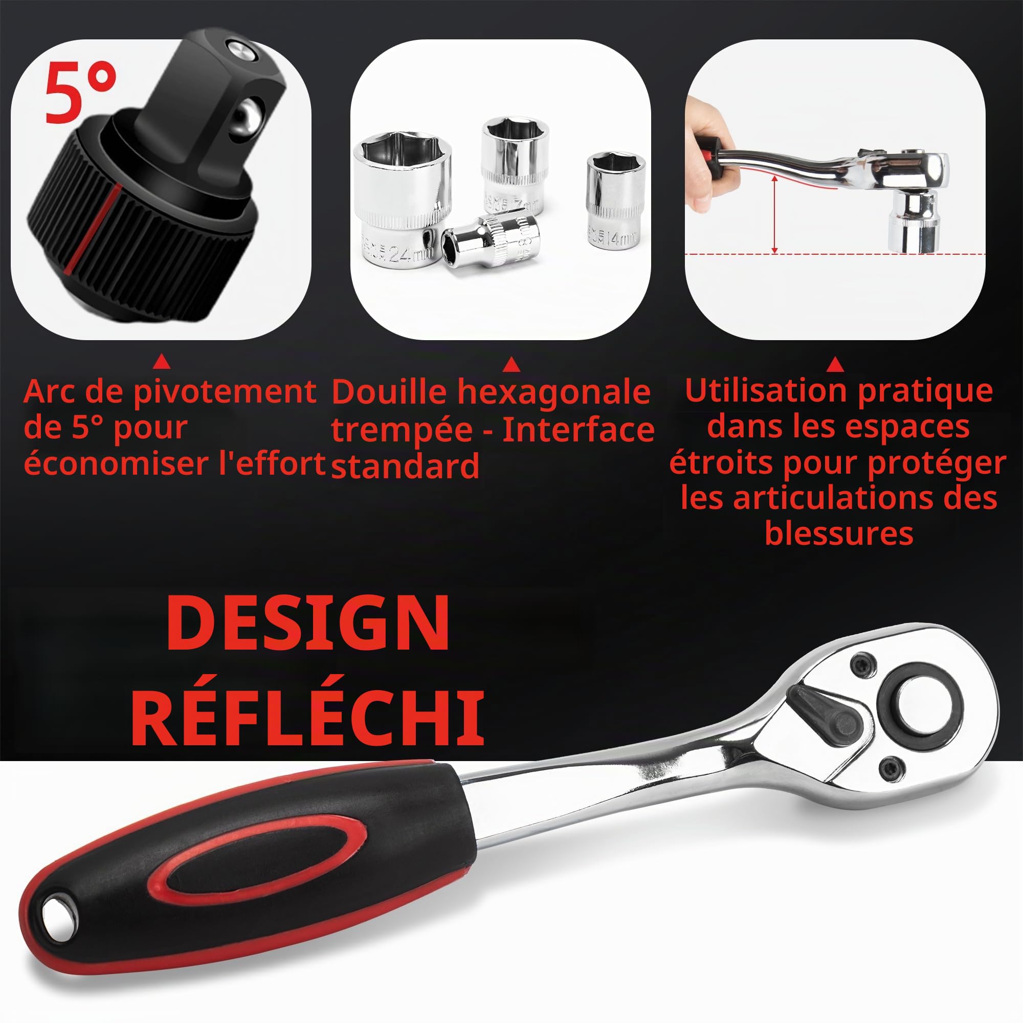 12 Pièces Jeu de Clés à Douille avec Cliquets 3/8" Inserts Hexagonaux de 8mm - 19mm et Rallonge Cliquet Réversible de 150mm en Cr-V avec Déclencheur à Bouton Poussoir