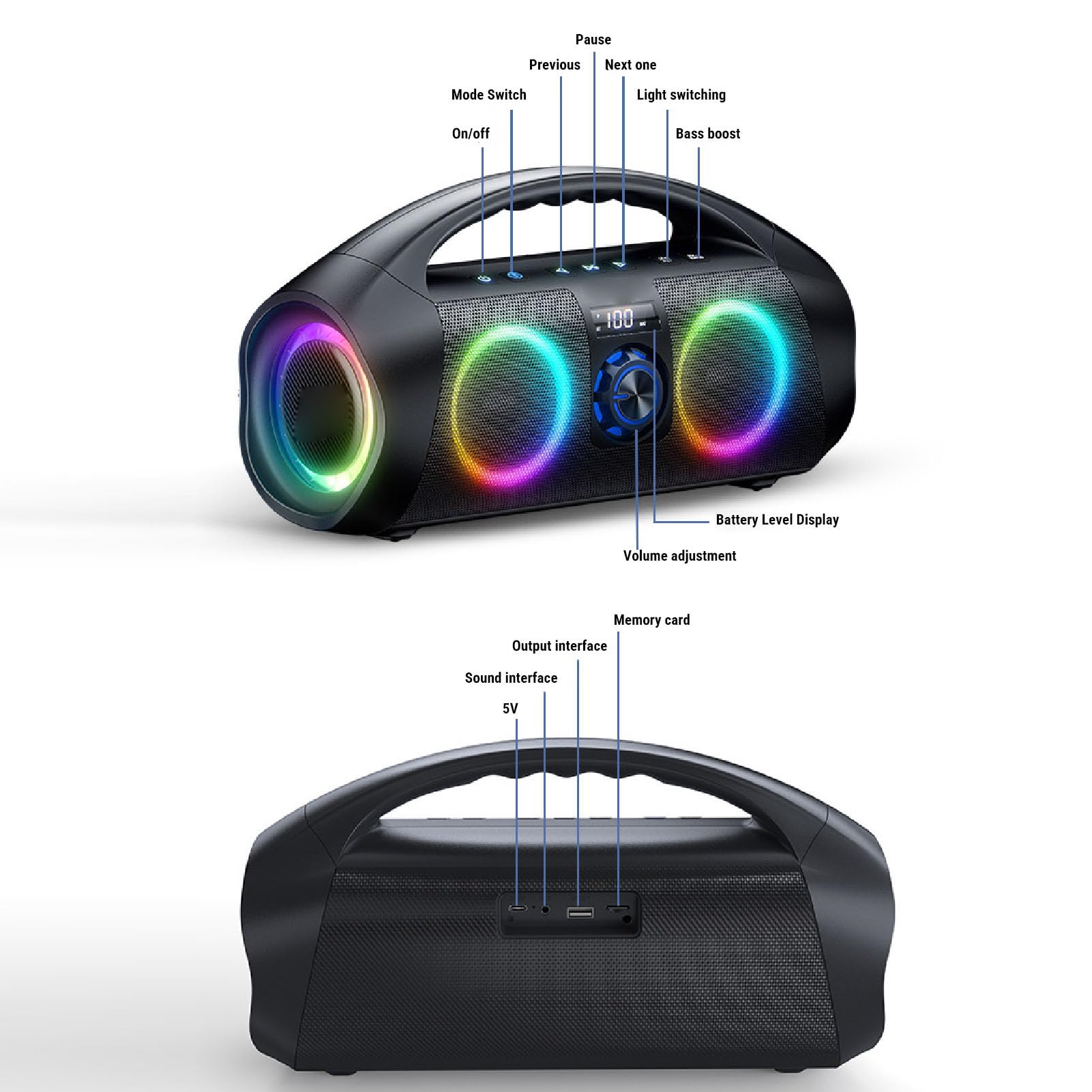 Fockety Altoparlante Bluetooth, Altoparlante Portatile Bassi da 120 W con Luce RGB, per Feste per Feste in Casa, Campeggio All'aperto, Spiaggia, Regalo di Compleanno per la