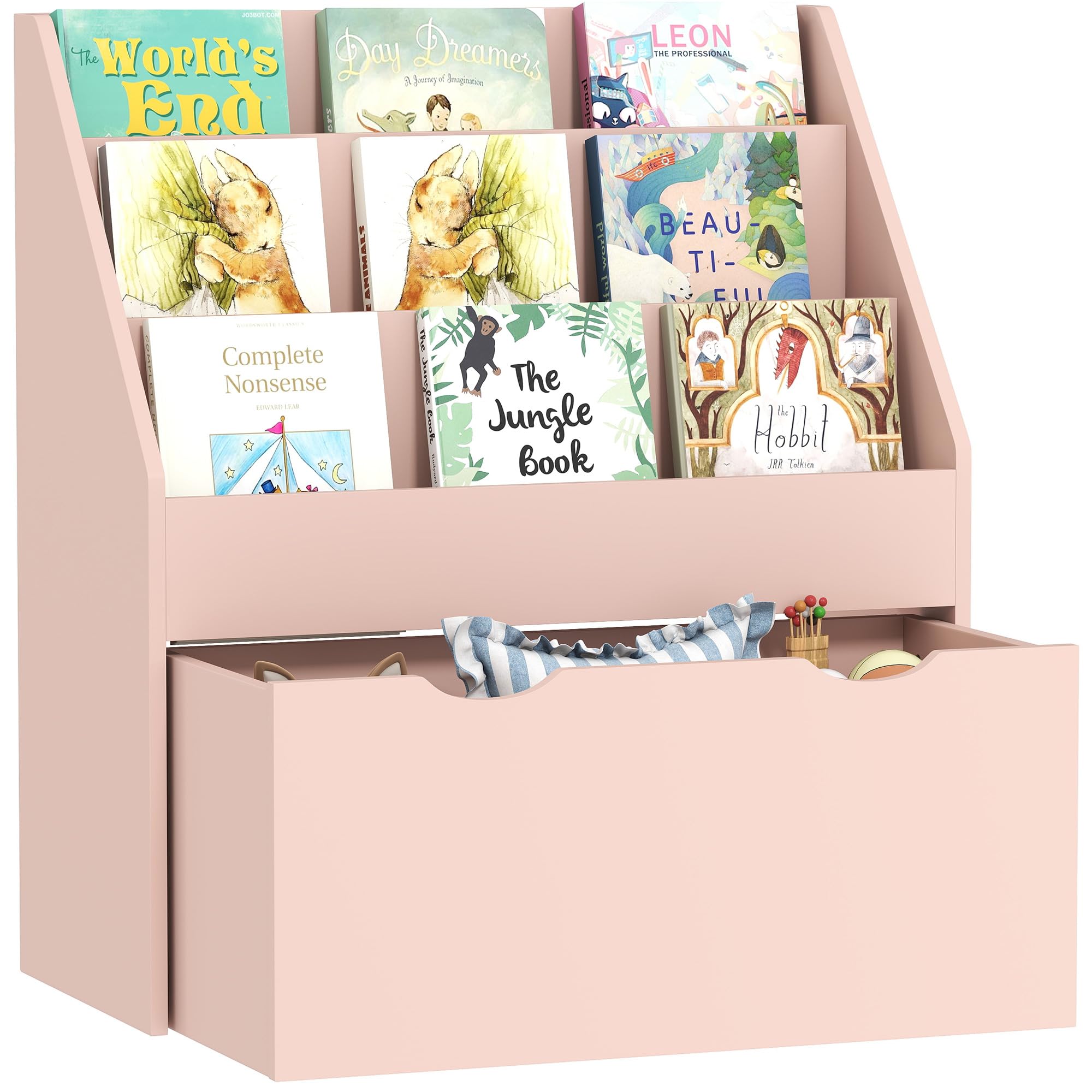 AIYAPLAY Kids Bookshelf, Bookcase Toy Storage Organiser with 3 Tier Shelves, Drawer, for Bedroom, Nursery, Playroom, Classroom, Pink