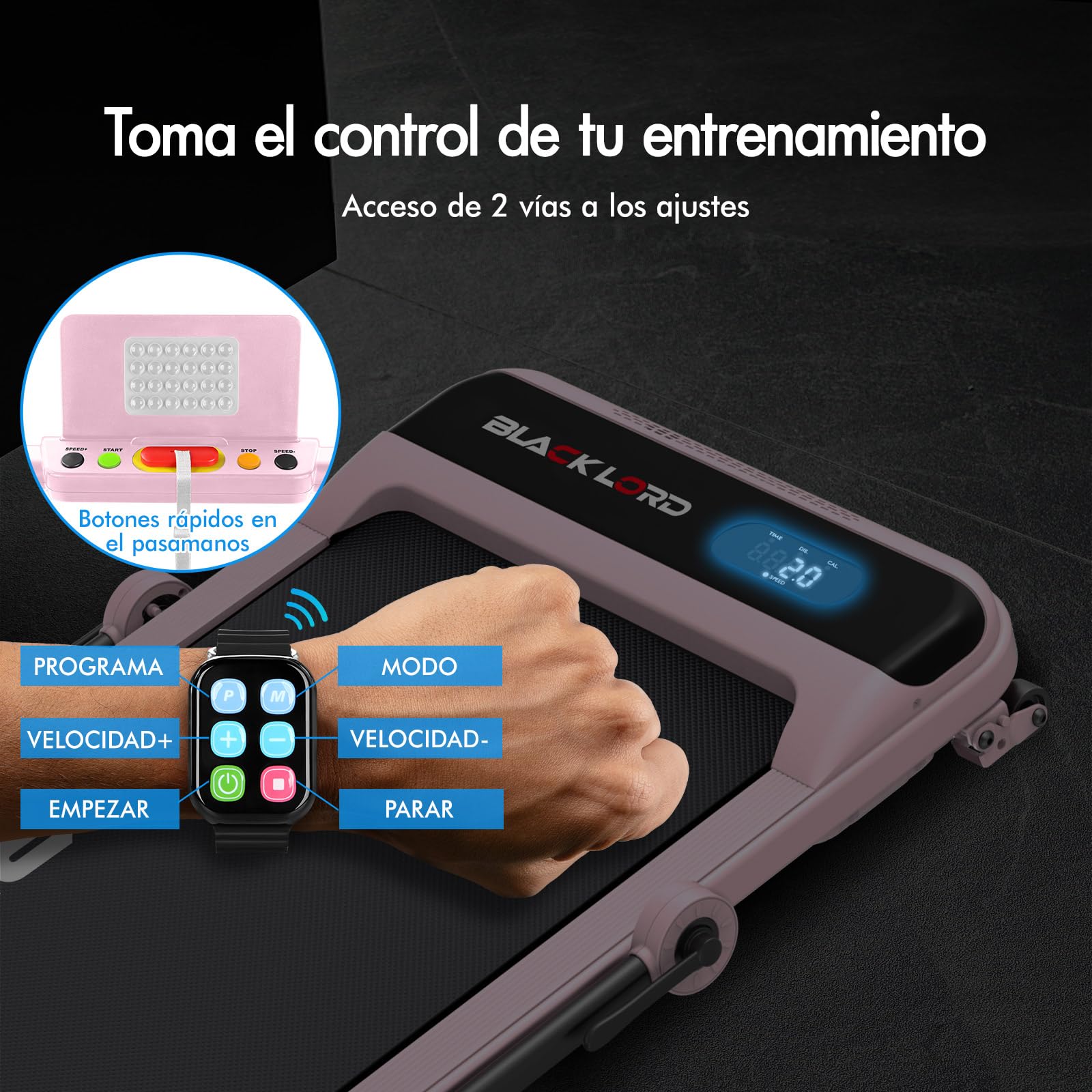 BLACK LORD Cinta de Correr con inclinación del 9% y pasamanos, 3,2 HP Walking Pad, Cinta de Correr eléctrica 4 en 1, 12 programas preestablecidos, Altavoz Integrado, Capacidad de 140 kgRosa