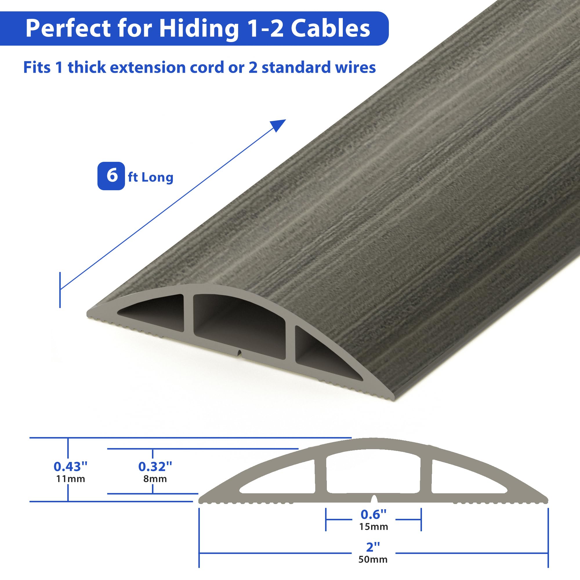 Cubierta de cable de suelo de 6 pies, cable de madera de roble gris, cables de extensión para ocultar el suelo, cubierta de cables de suelo, cubierta de alambre para cables, cavidad de cable protector
