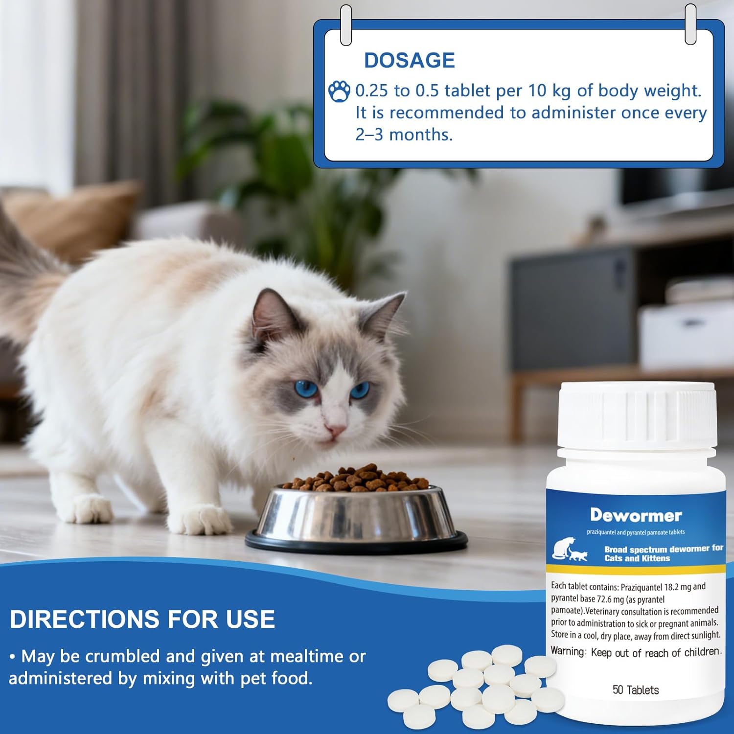 Broad-Spectrum Dewormer for Cats & Kittens, 50 Tablets, for Tapeworms, Hookworms & Roundworms