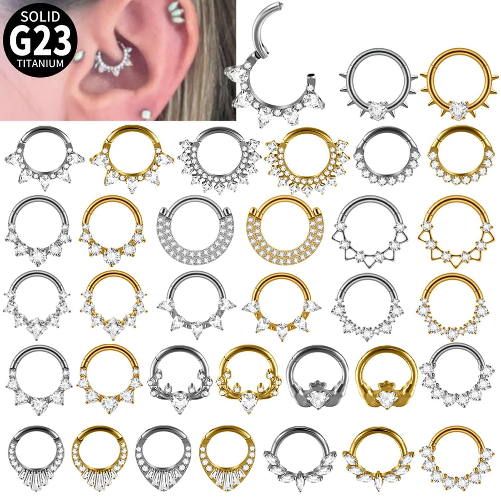 2 sztuki kolczyków koła do piercingu chrząstki G23, tytan, 16 Gauge, 1,2 x 8 mm, obręcz z cyrkonią, pierścień do przegrody nosowej, srebrny