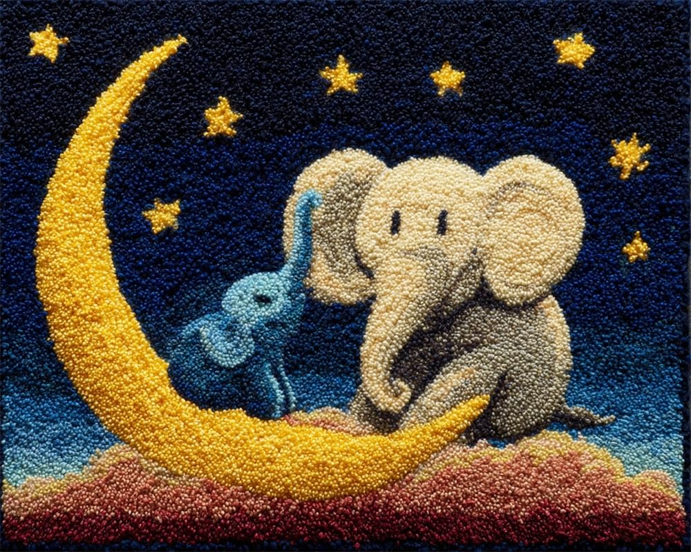 FWRTYCB Latch Hook Kits Rug Making Crafts with Pattern Printed,Moon and Little Elephant 20X15Inch Large Latch Hook Rug Kit Tapestry Rug Making Kits DIY Crafts Unfinished Handmade Crochet Yarn for A