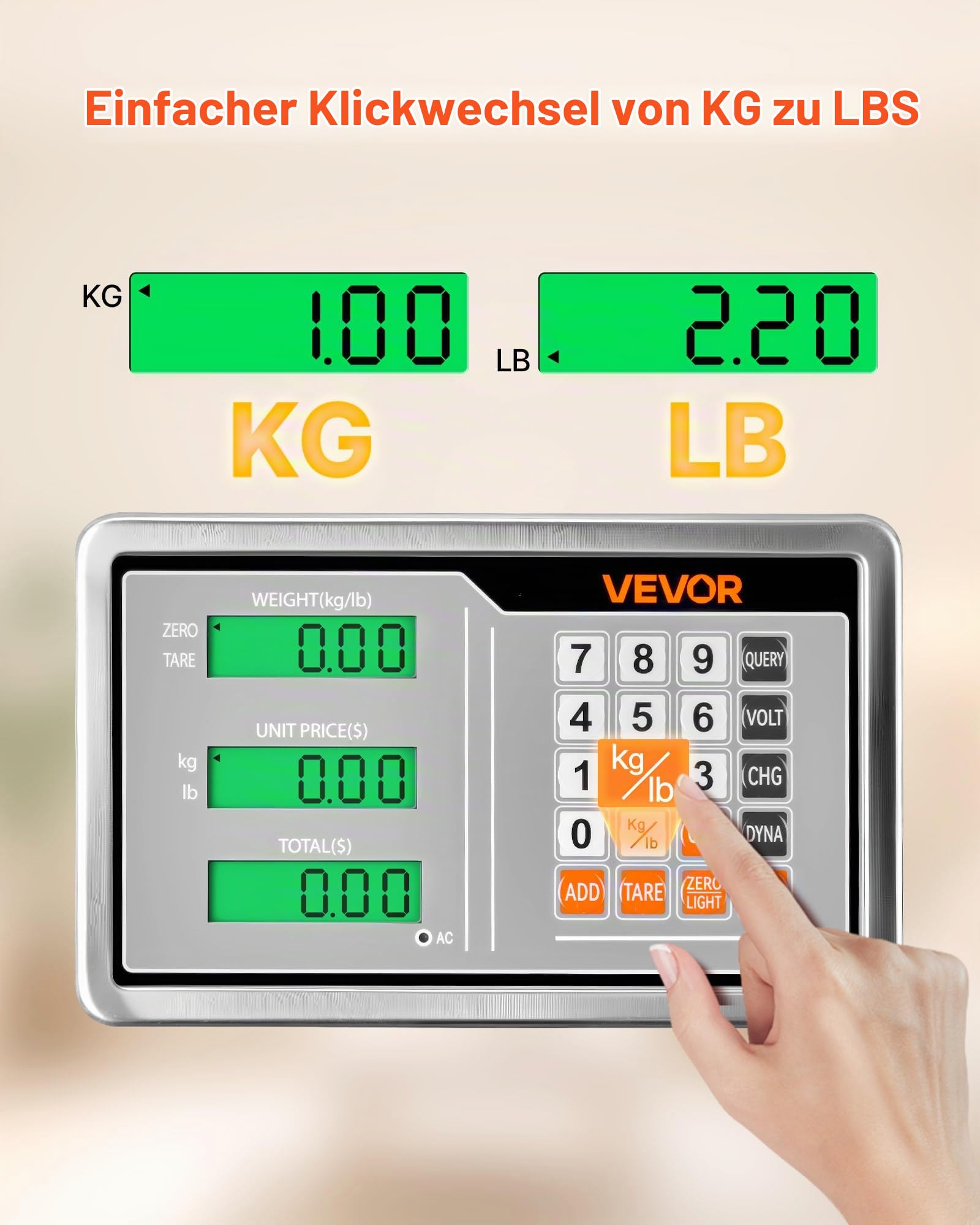 VEVOR Digitale Plattformwaage, 300 kg Tragkraft, 50 g hohe Genauigkeit, elektronische Bodenwaage mit LB/KG, Tara, Preisrechner, AC/DC-Stromversorgung, geeignet für Gepäck, Versand, Pakete, Porto