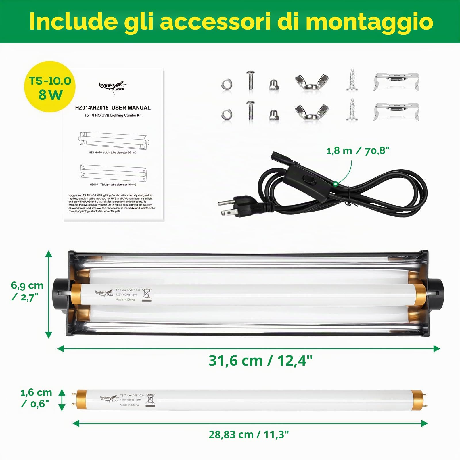 T5 UVB Rettile Lampada HO UVB Illuminazione Combo Kit di Illuminazione 10.0 UVB Luce per Rettili Terrari Cappuccio con 8W Rettile Barra di Luce UVA UVB Deserto Lampada per Barbuto Drago Tartaruga Tank