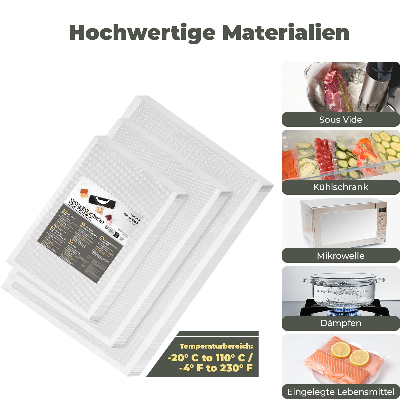 Vakuumierbeutel 150 Beutel, Profi Vakuumierfolie Vakuumbeutel 15x25cm/20x30cm/28x40cm für Vakuumierer & Lebensmittel Lagerung & Sous Vide Geeignet, Gefrierbeutel BPA-frei & Reißfest