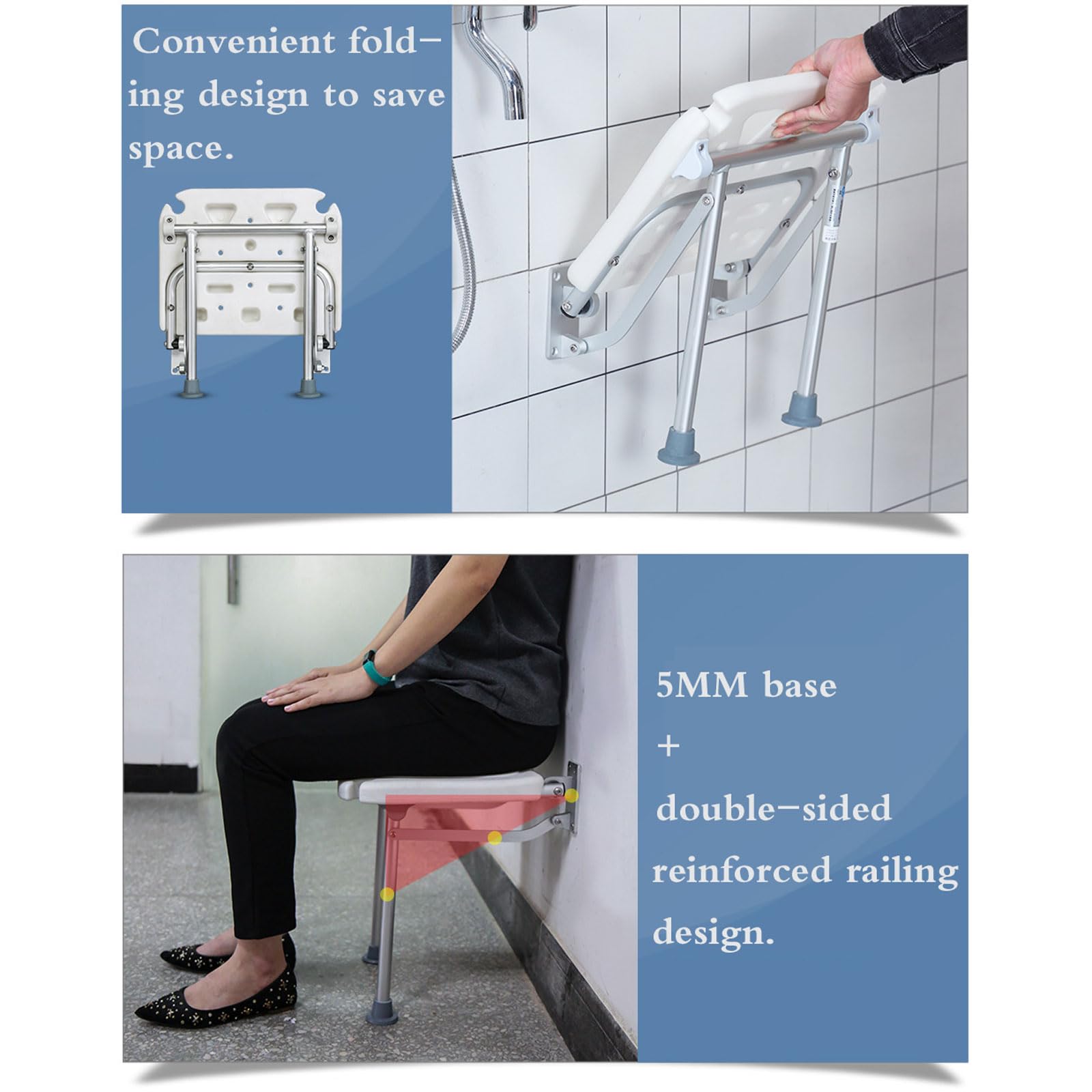 Silla Plegable de Pared,Taburete Plegable de Plástico para Baño,Silla Abatible Ducha Montado en la Pared,Base de Aleación de Aluminio,Antideslizante,Fácil de Instalar,Uso Doméstico
