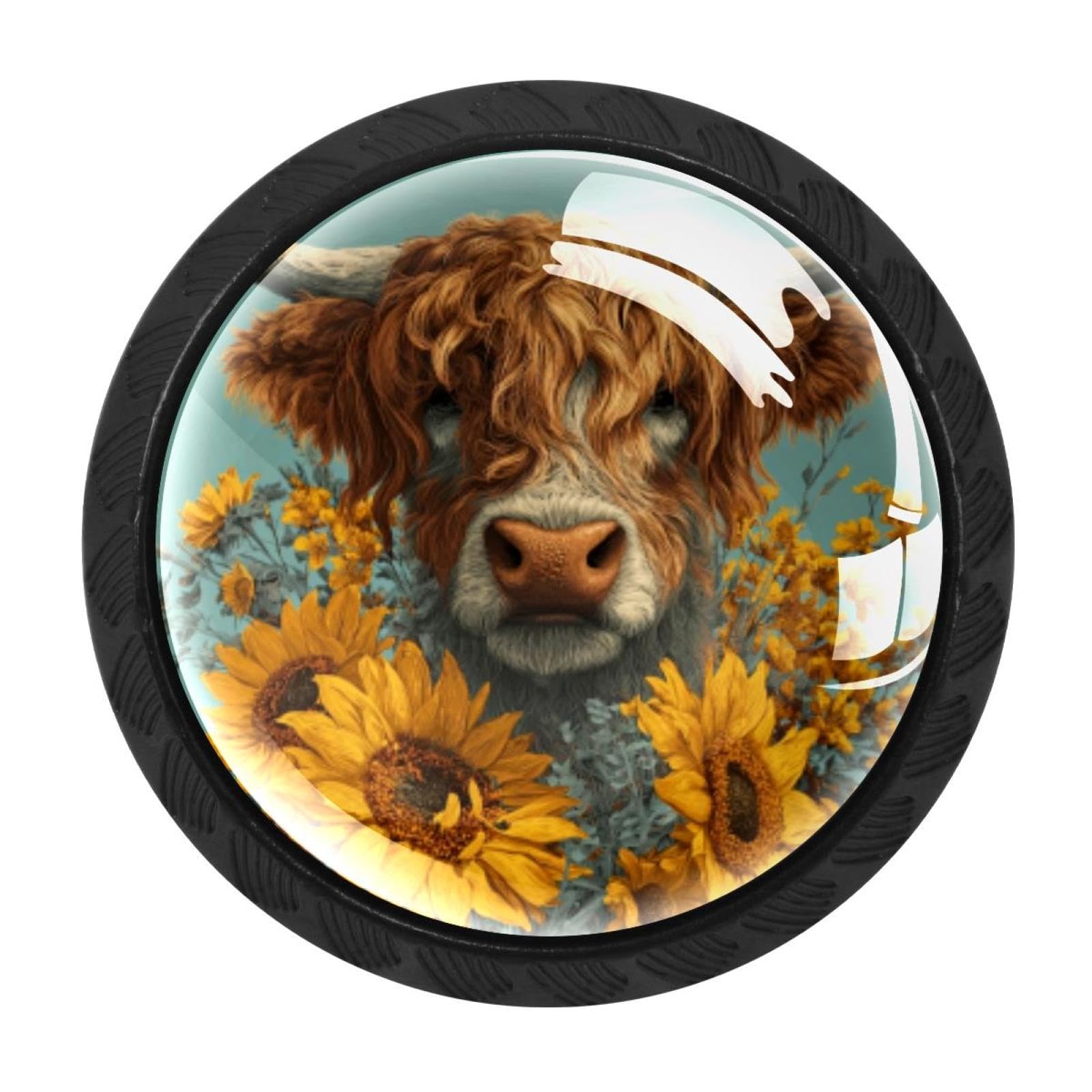 CHENZZZZ 4 Pack Highland Cow Sunflowers (3) Dresser Drawer Cabinet Knobs Round Crystal Glass Knobs Pulls Handles for Kitchen Wardrobe Cupboard Door Hardware