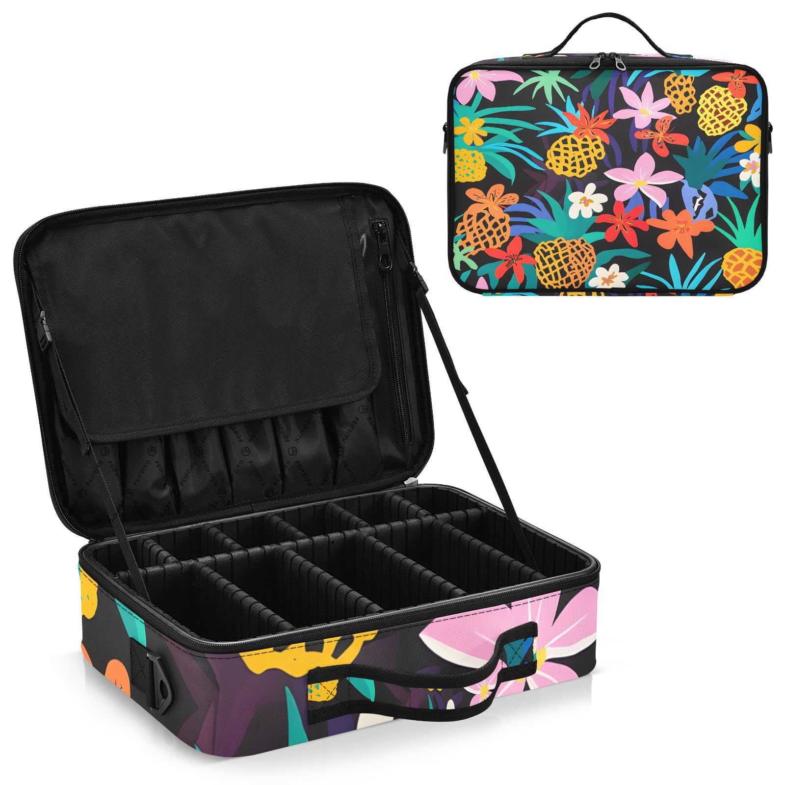 zyrtty Travel Makeup Train Case Colorful Flowers Pattern Cosmetic Organizer Portable Storage Bag with Adjustable Dividers for Cosmetics Brushes Toiletry Jewelry Digital Accessories