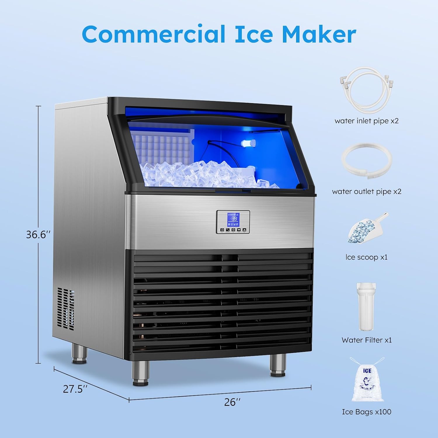 Commercial Ice Machine, 450Lbs/24H Under Counter Ice Machine, Upgrade Compressor 120LBS Storage Bin, Stainless Freestanding Commercial Ice Maker for Home Bar Cafe Office, with Water Filter and Scoop