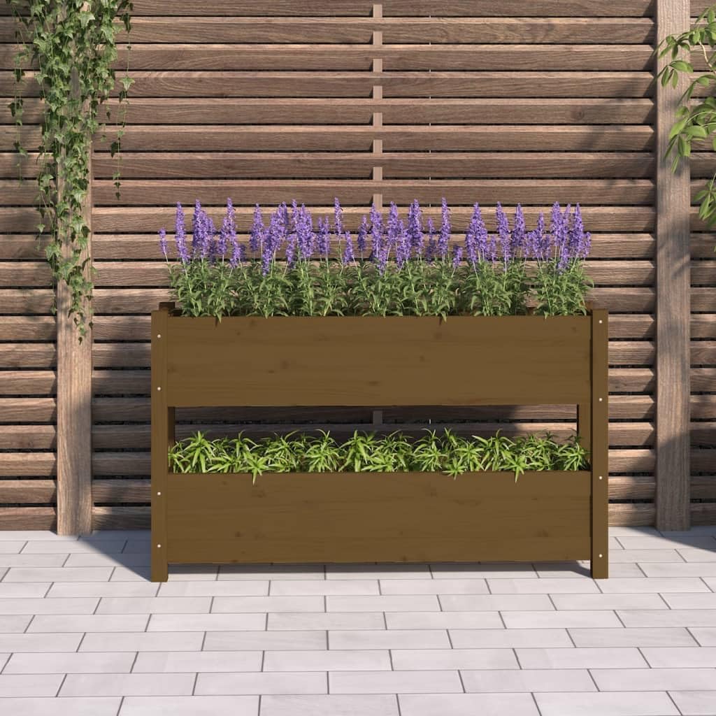 Jardinera de madera maciza de pino marrón ámbar 112 x 25 x 66 cm con 2 macetas, jardinera elevada para jardín, balcón o patio, estructura estable para plantas, flores, hierbas aromáticas,