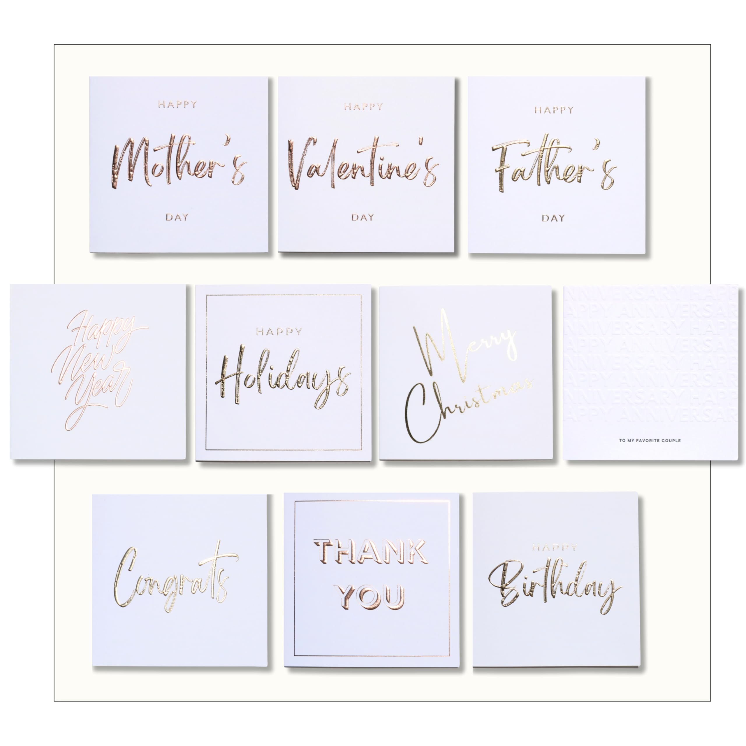 All Occasion Greeting Cards (10 Pack) 6x6 – Embossed Letterpress Gold Foil Card Sets with Envelopes – Holiday Card – Thank You Card with Envelope by