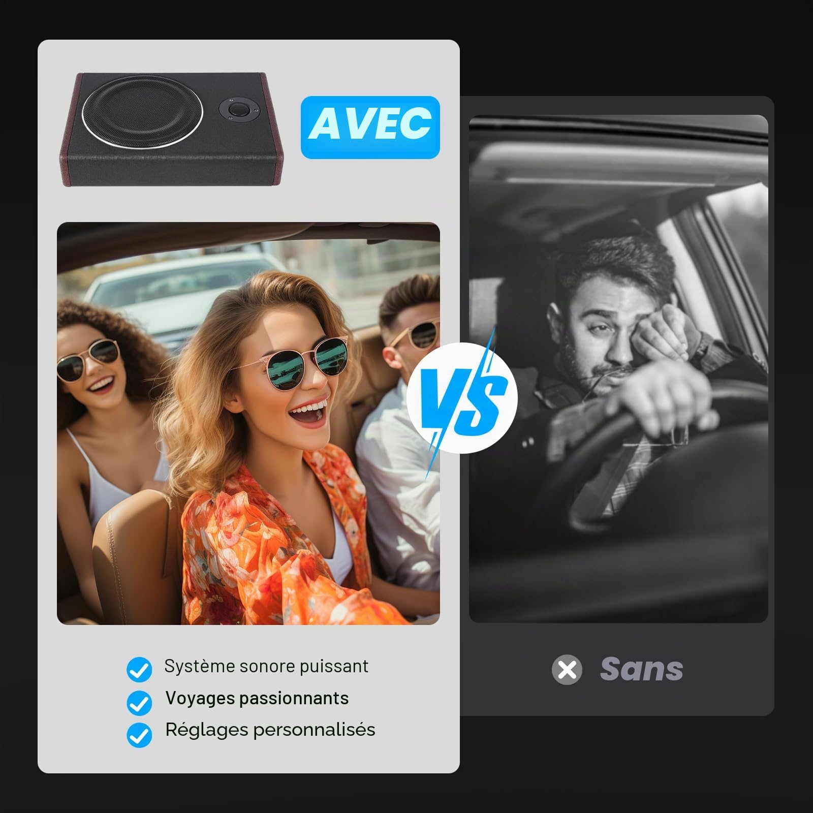 Caisson de basses actif pour voiture - 600 W - En bois et acier inoxydable robuste - Avec Bluetooth - Fréquence 40 Hz - 200 Hz - SNR 90 dB - Pour système audio d'autoradio