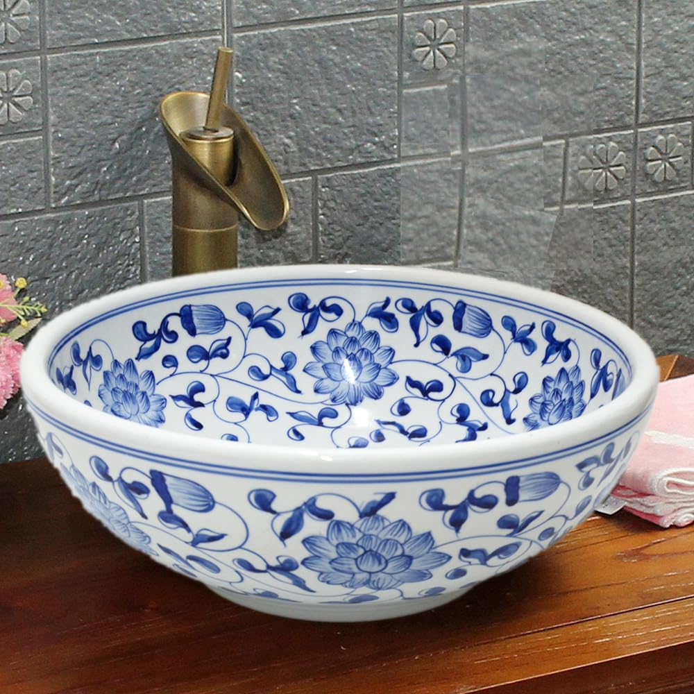 Vintage Blue Paisley Floral Hand Painted Patterned Glazed Bathroom Cloakroom Round Ceramic Porcelain Counter Top Kasbah Wash Basin Sink Washing Bowl