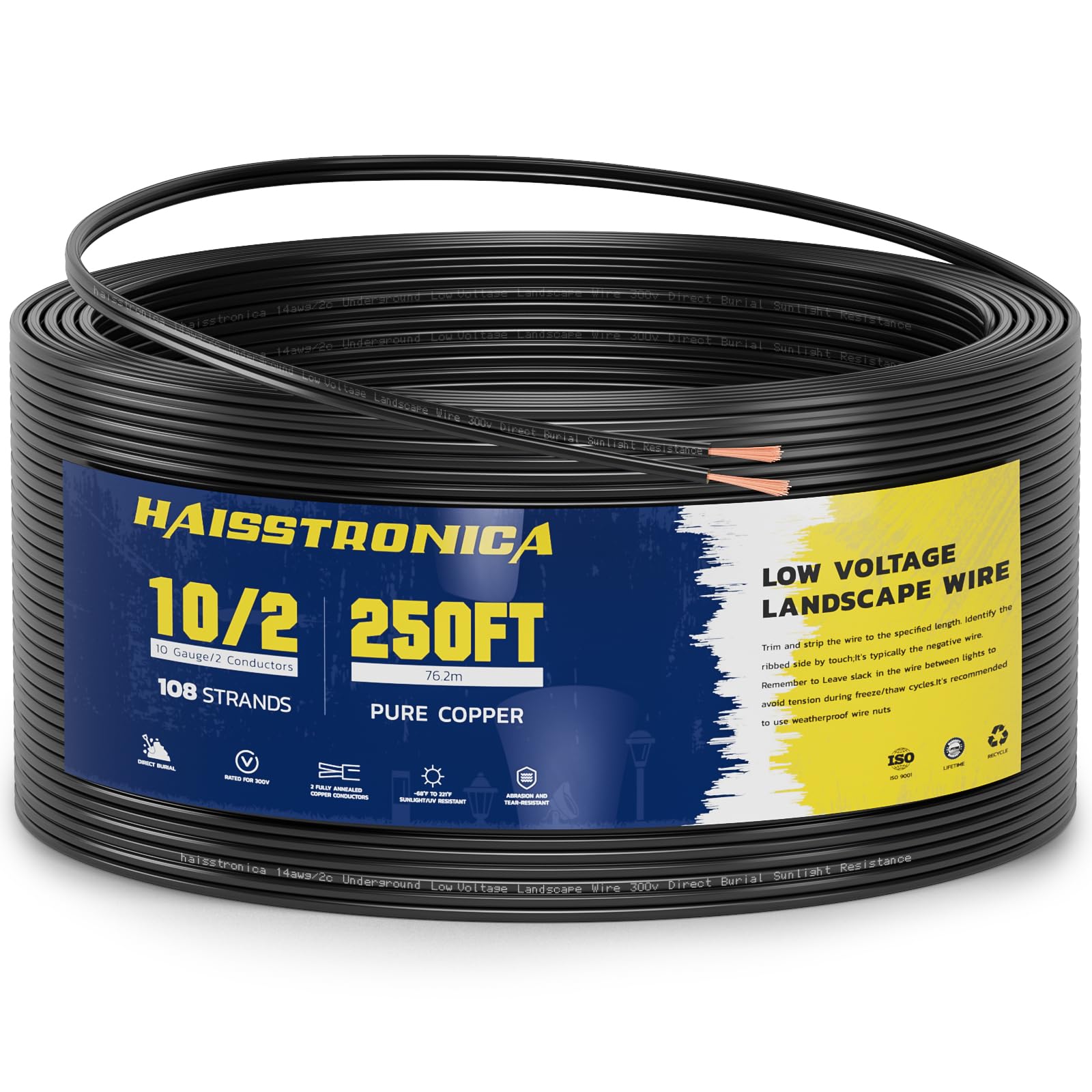 Low Voltage Landscape Wire,10/2 250FT haisstronica Landscape Lighting Copper Wire 10 Gauge 2 Conductor Landscaping Lights Wired Outdoor Direct Burial Electrical Wire