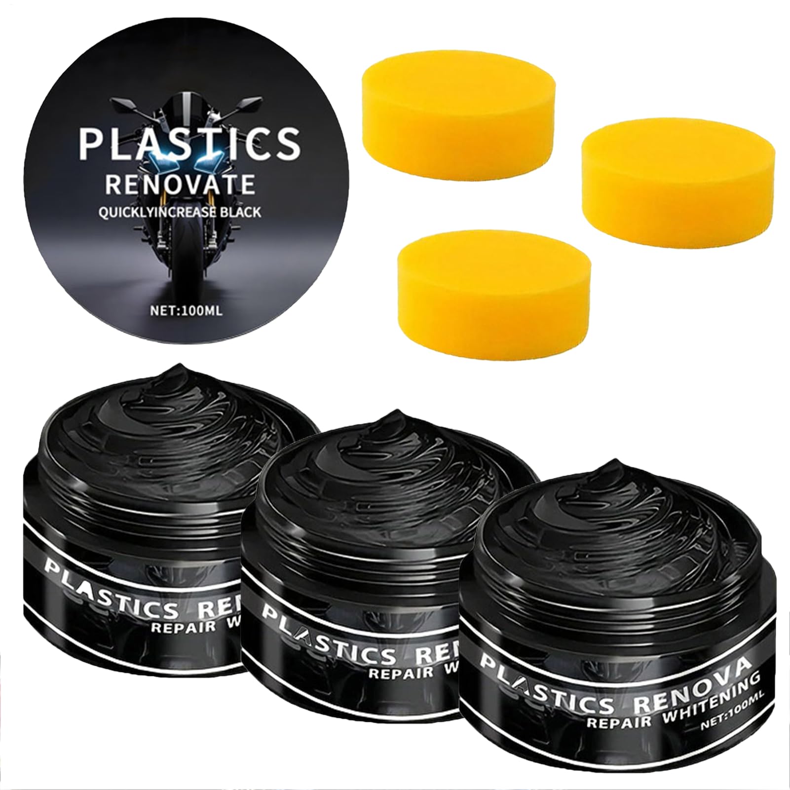 Pasta Restauratrice Per Plastiche Nere Auto E Moto, 100ml Anti-UV Rinnova Plastiche Auto Nero, 3Pezzi Anti-Graffio Asciugatura Rapida Trattamento Cruscotto, Rinnova PlasticheAuto Per Paraurti
