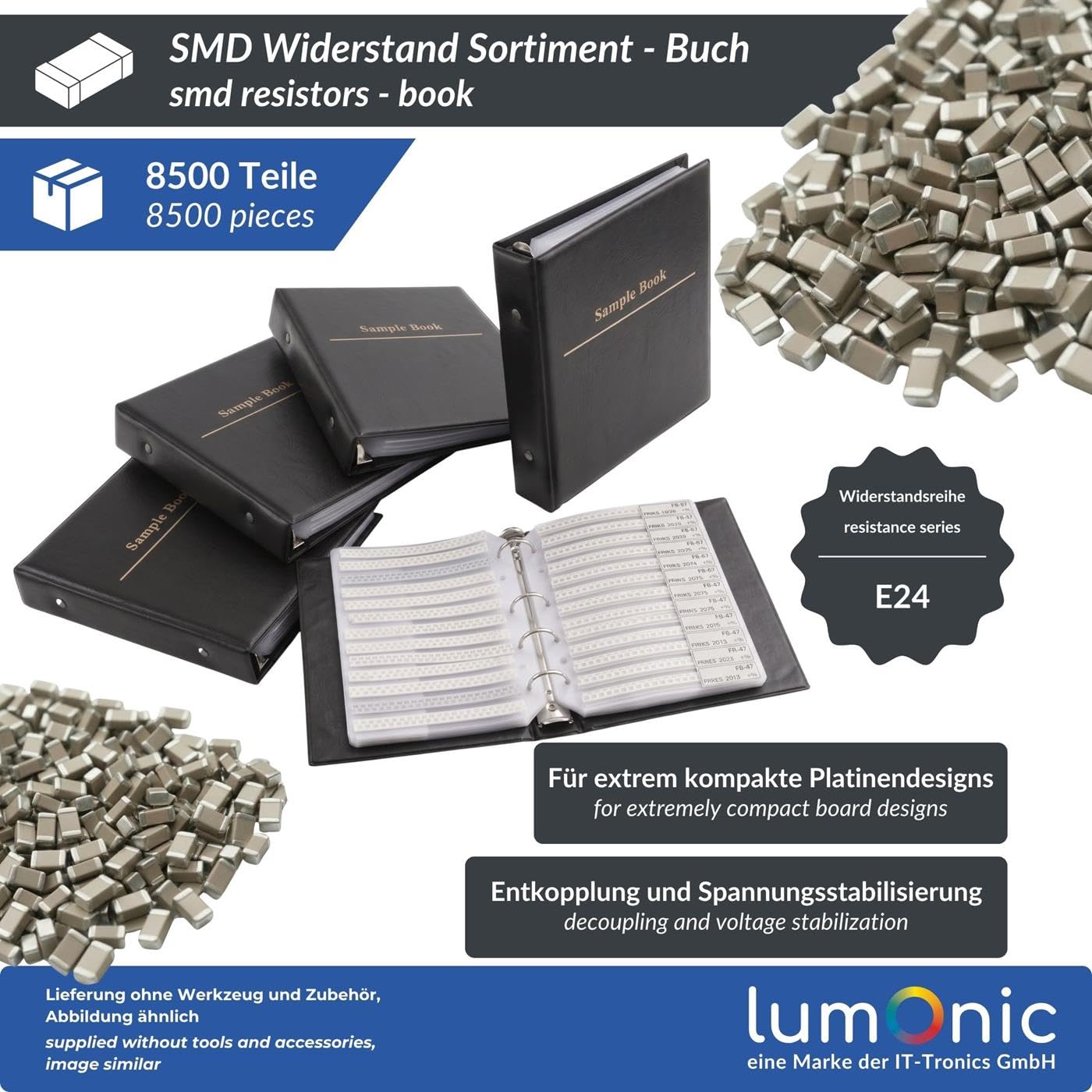 Lumonic SMD Resistenza 0603 Assortimento | 170 valori per 50 pezzi | Serie E24 8500 pezzi | Precisione dell'1% Libro dei resistori | Kit di resistenze SMD per laboratorio e fai da te