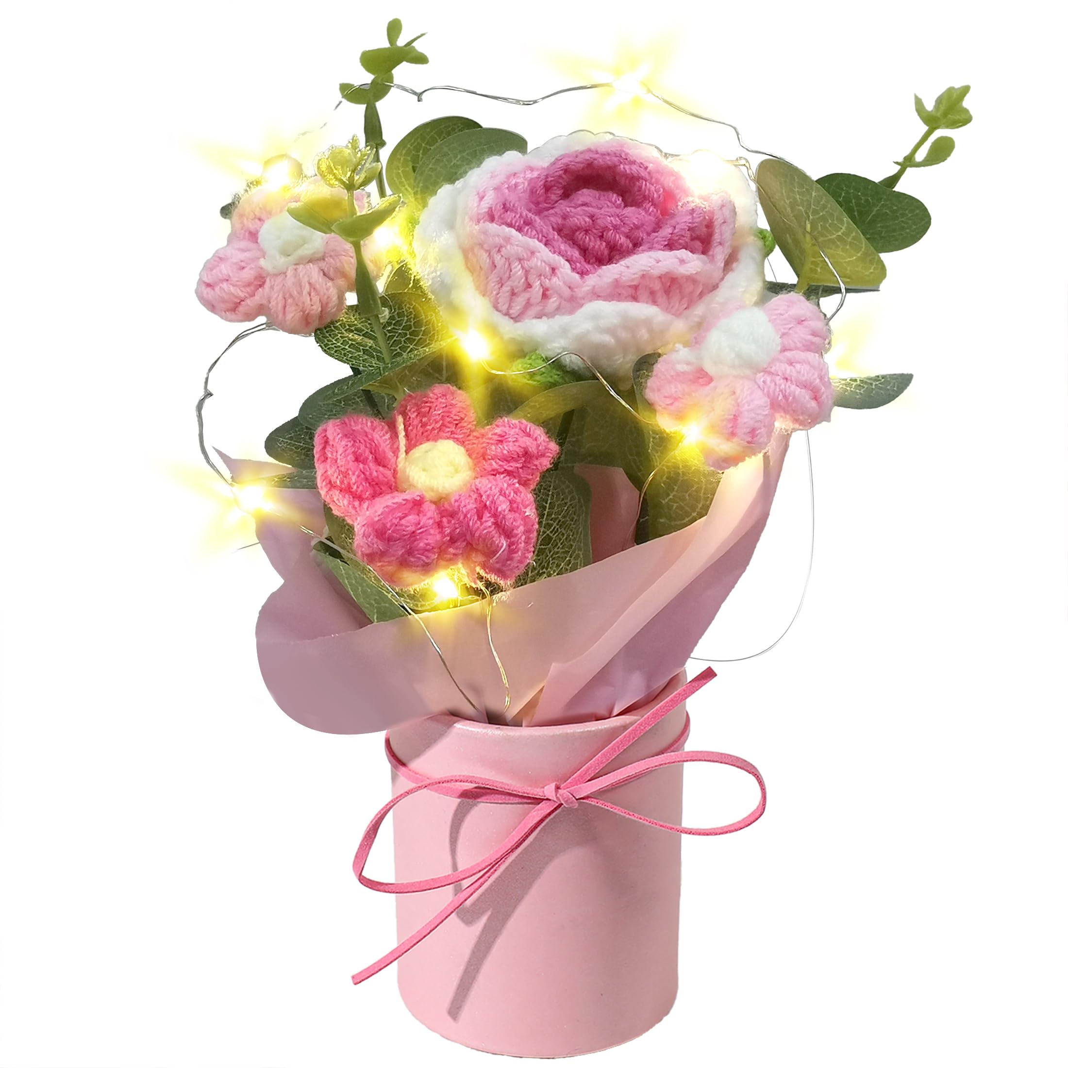 Pelizen Pink Crochet Daisy Flowers Bouquet, Handmade Daisy Artificial Flowers With Card For Mother's Day, Birthday, Wedding, Home Decor, Teacher's Day, Grandma Bday Gift (Pink)