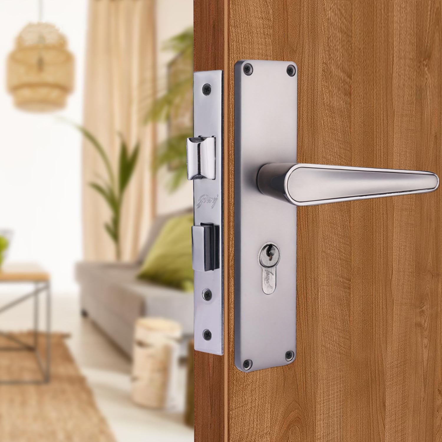 Godrej Mortise Lock I Mortise Door Handle Lock for Main & Internal Door in Residential & Commercial Spaces I NEH 19-1 CK I Matte Black Nickel Finish 20cm / 8 Inches Handle, with Lock Body & 3 Keys