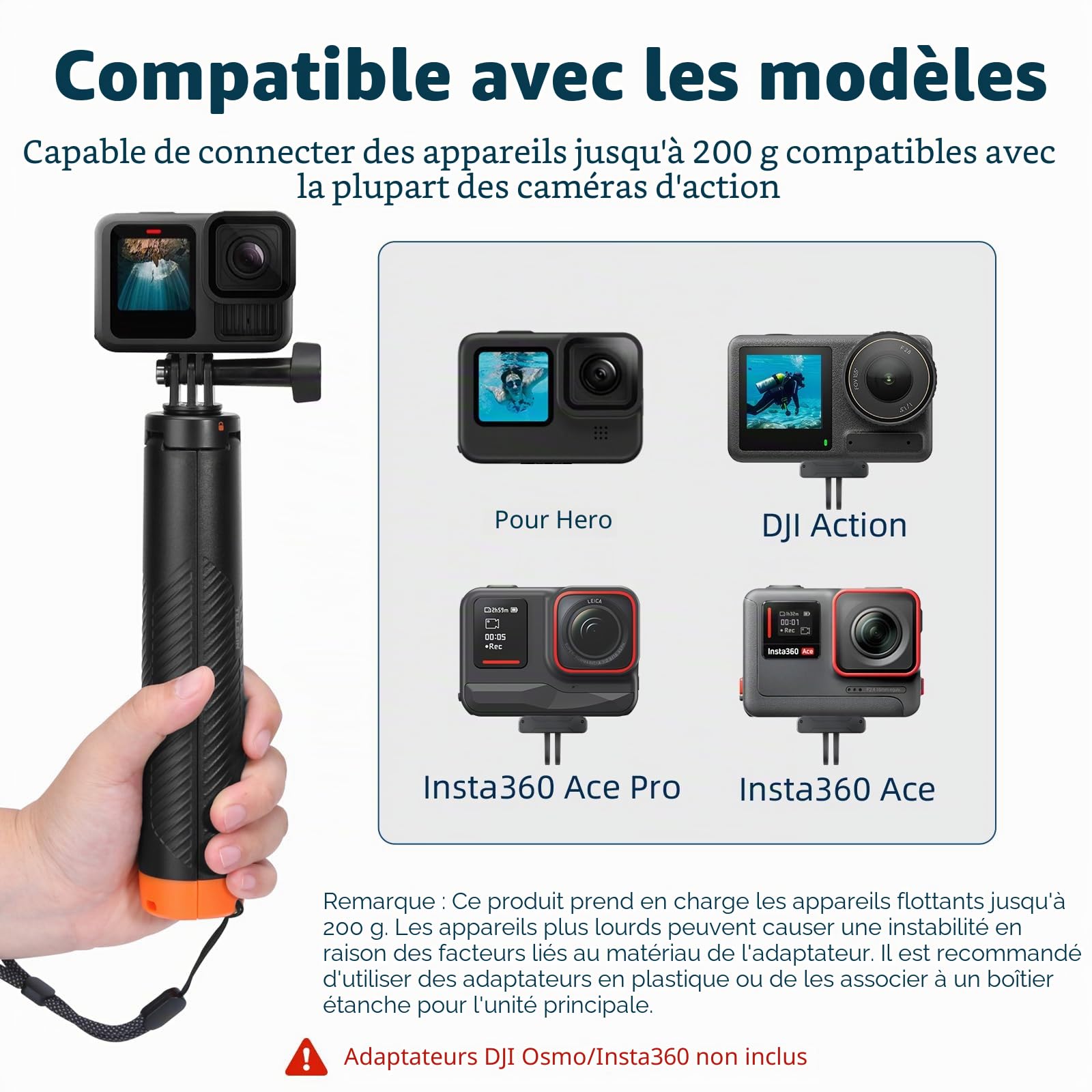 AFAITH Perche Selfie Flottante étanche et Extensible pour Go Pro Hero 13/12/11/10/9, DJI Osmo Action 6/5pro/4/3/osmo 360, Insta360 Ace Pro/Akaso et caméra plongée sous-Marine