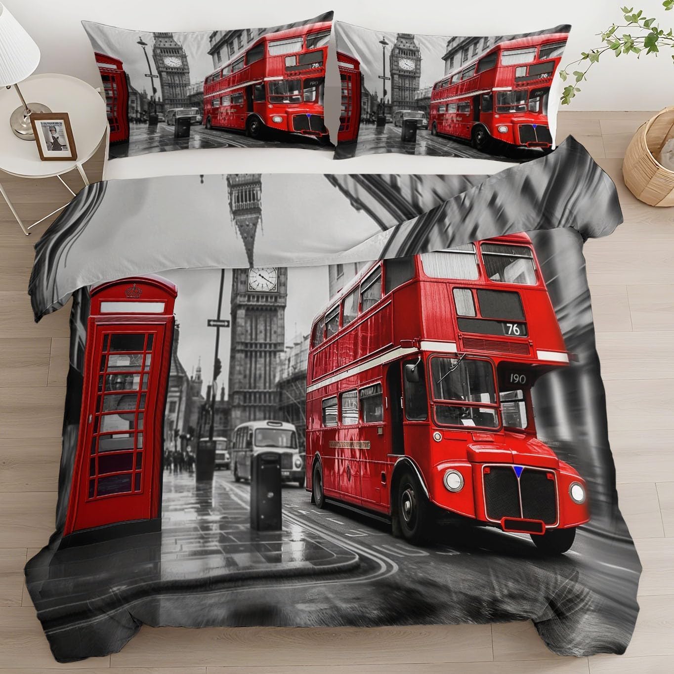 Funda Nordica Cama 105 Juvenil Escena de la Calle de Londres Funda Edredon 200x200 Autobús Rojo 3D Fundas de Edredón Microfibra Ropa de Cama de 3 Piezas con Cremallera y 2 Fundas de Almohada K-1384