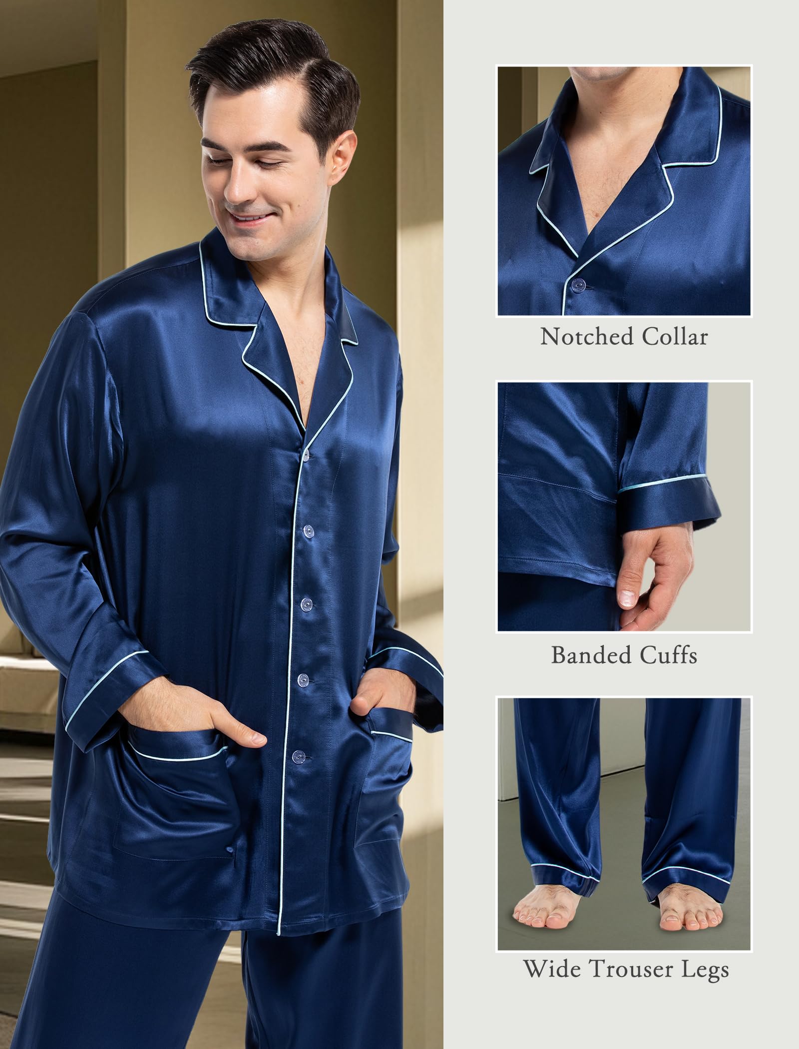 Cold POSH Men's Silk Pajamas Set Long Sleeve 2PC Luxury Silk Sleepwear Button-Down PJ Set