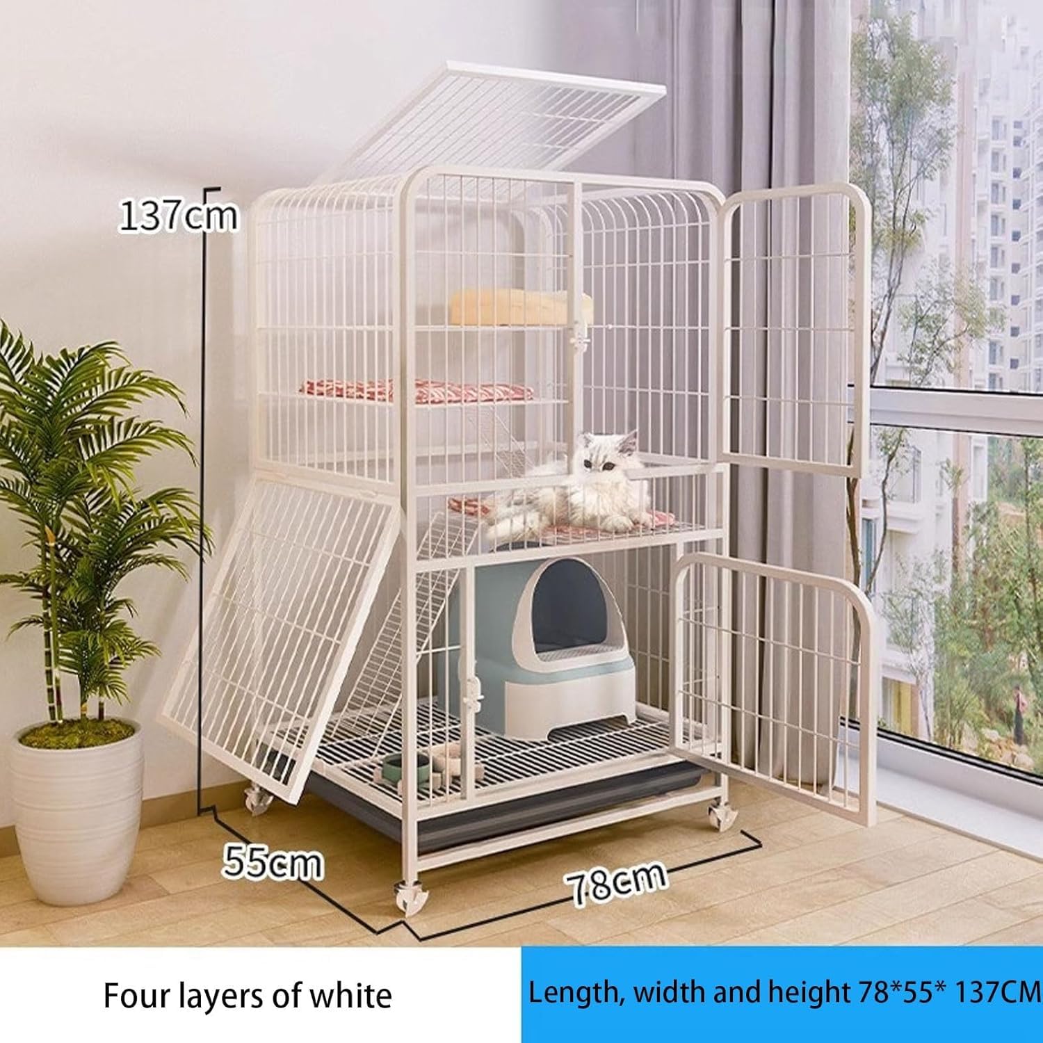 Gabbie per Gatti da Interno Grandi con Lettiera per Due Gatti Gabbia per Furetto per Gattini in Metallo Pieghevole Rotelle Rotanti A 360 ° Recinto per Animali Domestici con, White, B-78 * 54 * 137CM