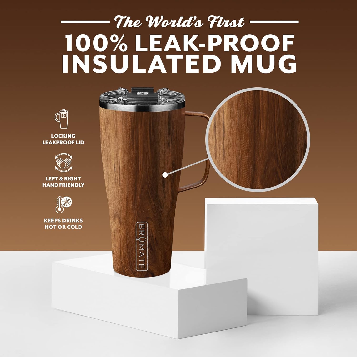 BrüMate Toddy XL - 32oz 100% Leak Proof Insulated Coffee Mug with Handle & Lid - Stainless Steel Coffee Travel Mug - Double Walled Coffee Cup (Walnut)