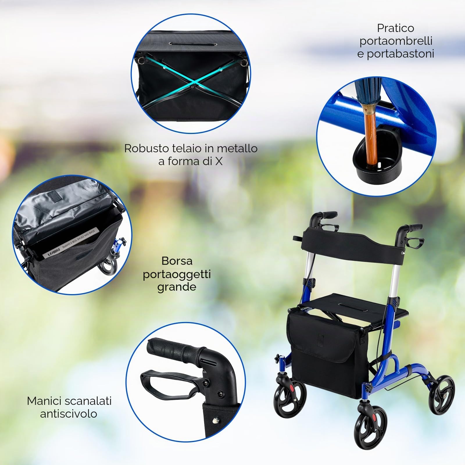 HOMASIS Deambulatore per Anziani 4 Ruote, Carrello per Anziani per Camminare con Seduta e Maniglie Regolabili, Rollator Pieghevole con Doppio Freno/Borsa Portaoggetti, Portata 150kg (Blu)