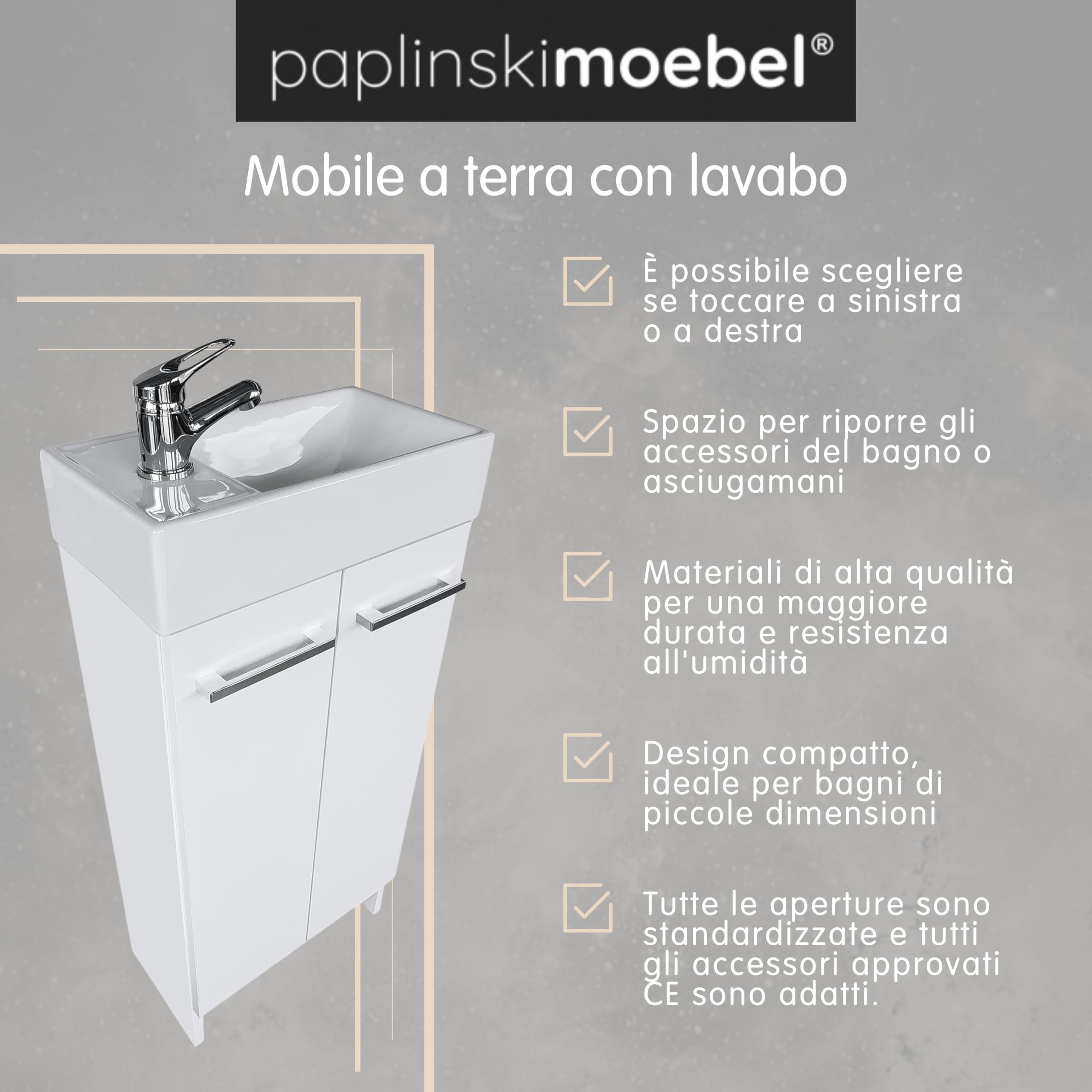 Lavandino Bagno con Mobiletto 41 cm Malibu, Ceramica, Mobile Bagno con Lavabo, Mobile Lavabo, Mobiletto Sotto Lavandino - Bianco