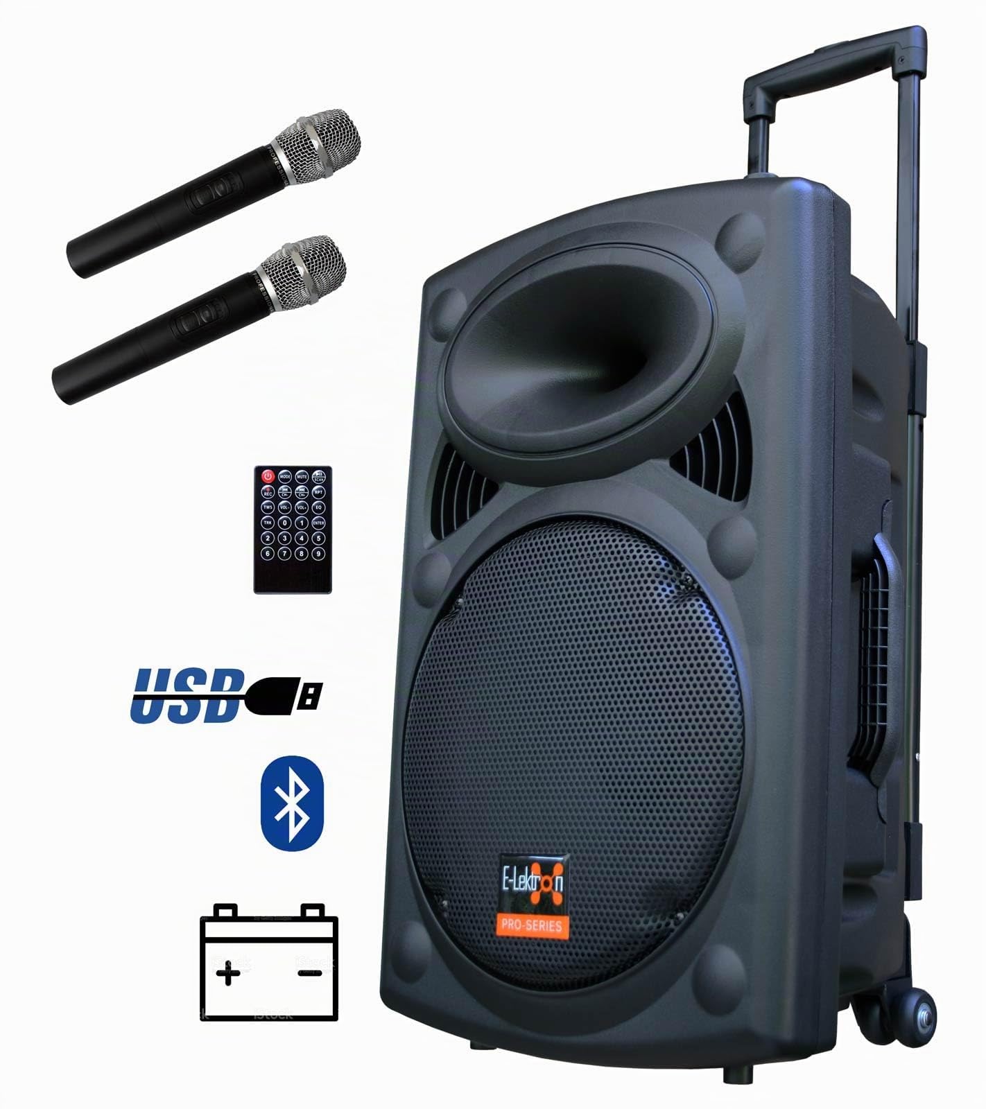 E-Lektron Bluetooth Karaoke Partybox mit 2 Funkmikrofonen – Mobile Lautsprecher EL30-M Komplettset mit Akku, USB, SD & Radio