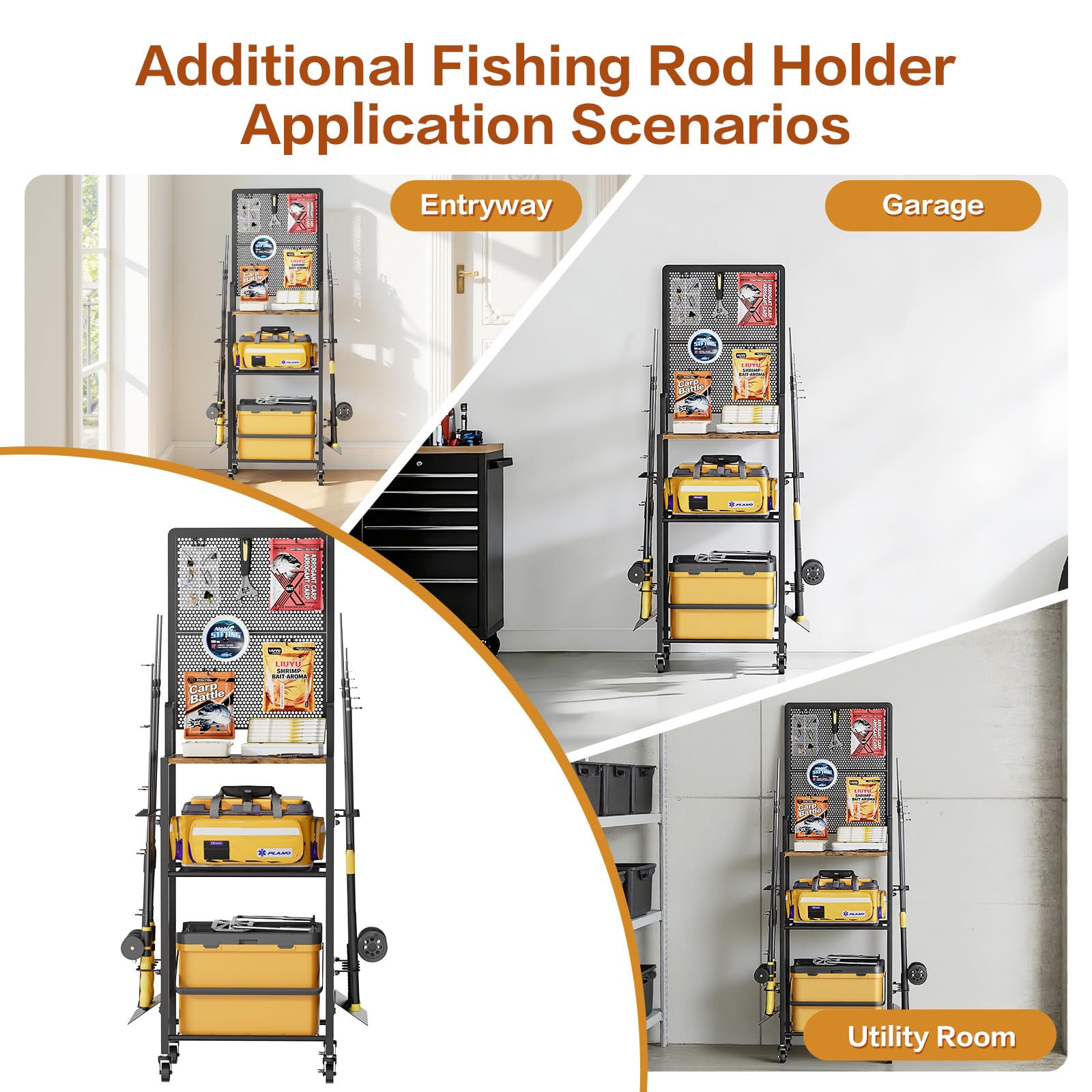 Bikoney Support Canne à Pêche pour Garage avec Panneau Perforé, Chariot de Rangement pour 8 Cannes et Moulinets, Organisateur de Matériel de Pêche sur Roulettes, Robuste et Gain de Place, Cadeau Homme