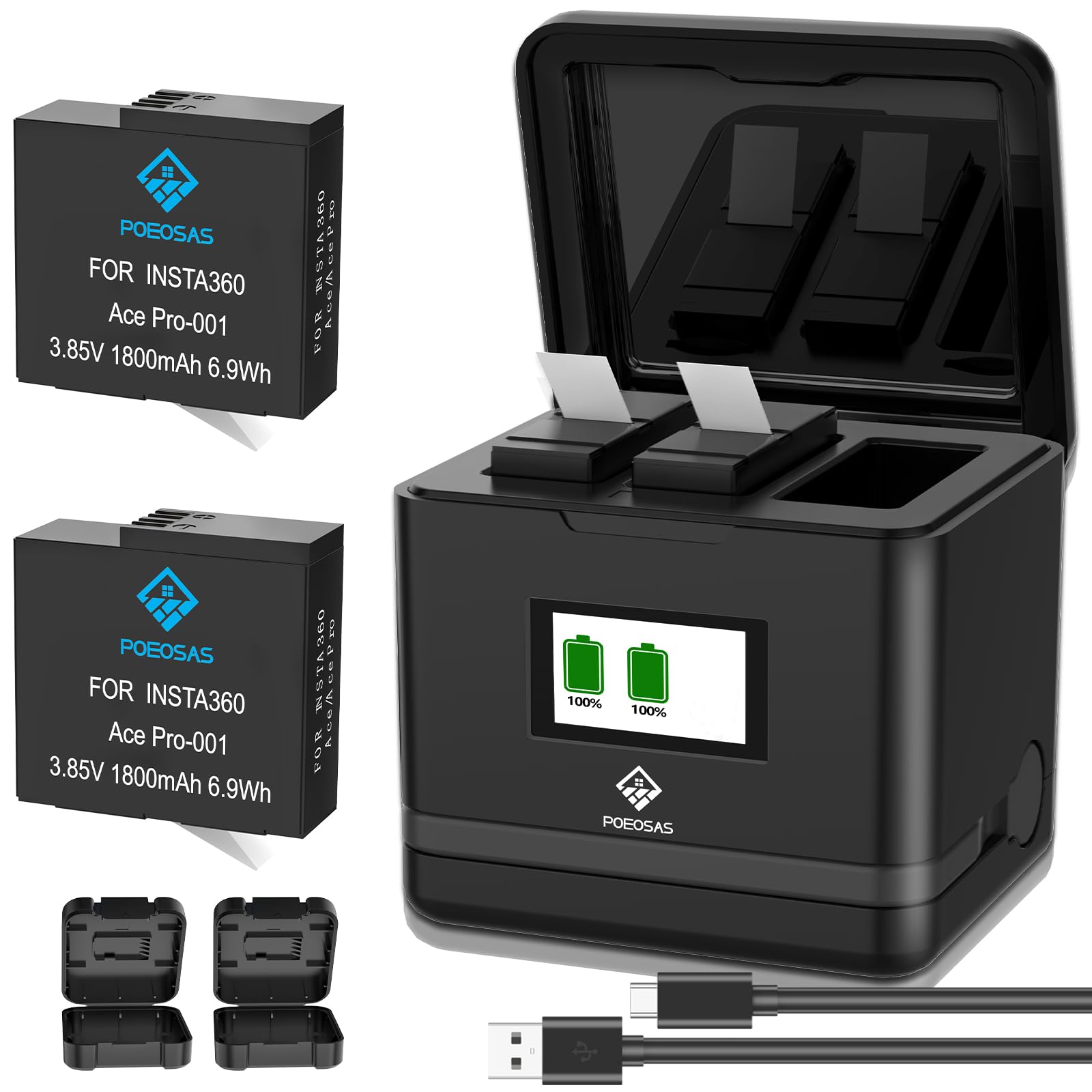 360 Ace Pro Ersatz Akku, 2 Pack 1800mAh Akkus mit 3-Slot LCD Ladegerät Kit Kompatibel mit insta360 Ace Pro/Ace Pro 2 Kamera, Akku Schutzhülle*2 für insta360 Acepro Kamera