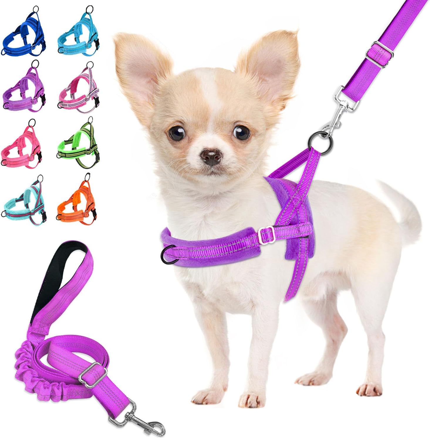 Lukovee No Pull Dog Harness and Leash Set, Soft Padded Small Dog Harness, Neck & Chest Adjustable Reflective Vest Puppy Harness with 4ft Lightweight Anti-Twist Dog Leash for Small Dogs (XXS, Purple)