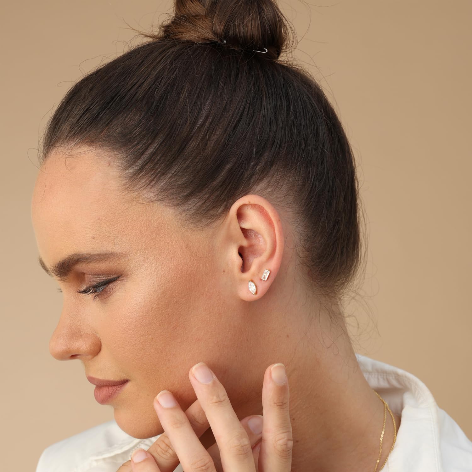 Marquise Stud Earrings for Women White Cubic Zirconia and Moissanite Studs Push Back Earrings in 14K Gold Plated 925 Sterling Silver Minimalist Jewelry Gift for Her - Image 3