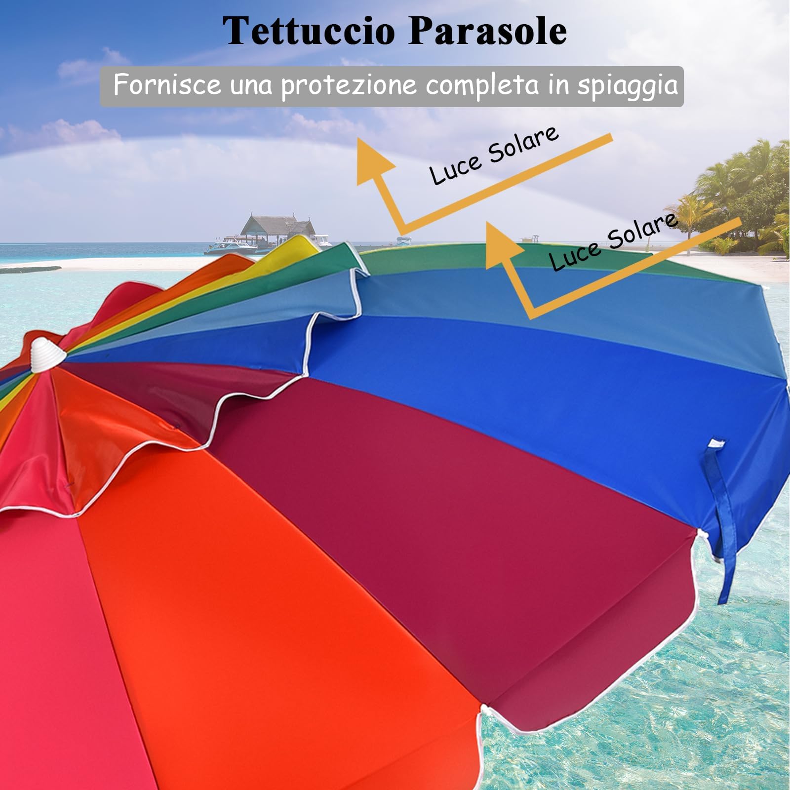 GYMAX Ombrellone da Spiaggia Antivento 220cm, Ombrellone da Mare Inclinabile e Portatile con Copertura Impermeabile e Resistente ai Raggi Solari UV, 16 Stecche (Colorato, 220CM)