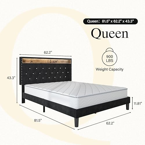 Miniatura 2 de Base de cama tamaño Queen con luces LED, marco de cama LED con estación de carga y cabecera de estante de almacenamiento, marco de cama Queen