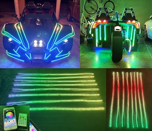 Dream Color Chasing & RGB x8PCS Kit Bluetooth + Control remoto Chaser Flow IP68 para Polaris Slingshot Ryker Spyder Golf Cart Hood Grill Moto Tiras