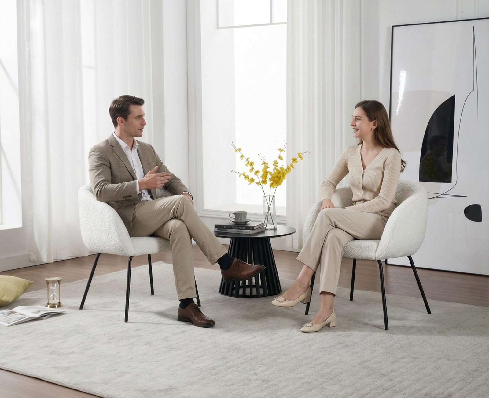chairus Schminktisch Stuhl aus Kunstfell Loungesessel Schlafzimmer, Moderne Cocktailsessel mit Metallbeine Polsterstuhl für Wohnzimmer, Weiß