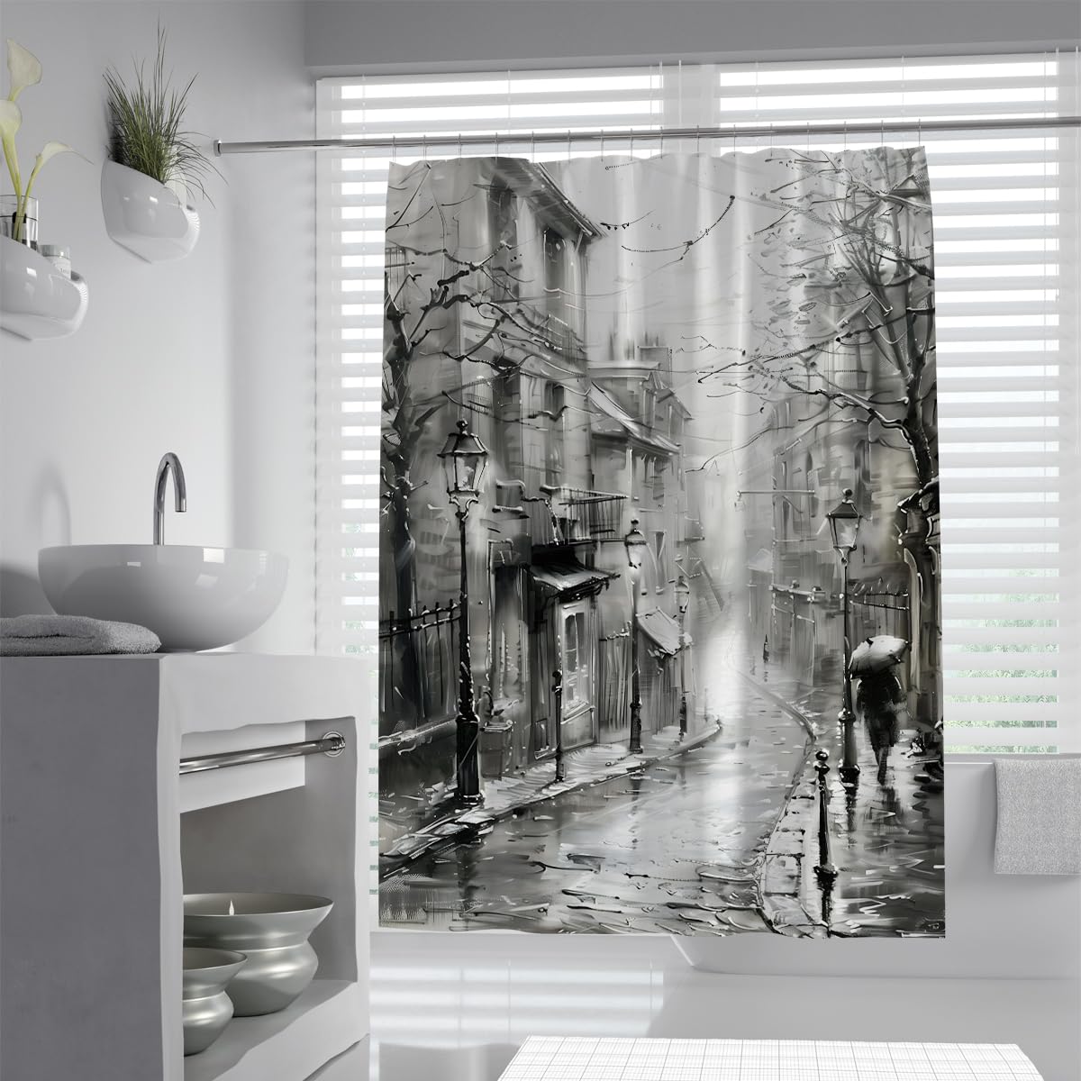 UERWOWELL Nostalgic European Sidewalk Scenery Shower Curtains Black and White Rainy Street Shower Curtain Vintage Bathroom Decor with Hooks Waterproof W180xL180 cm