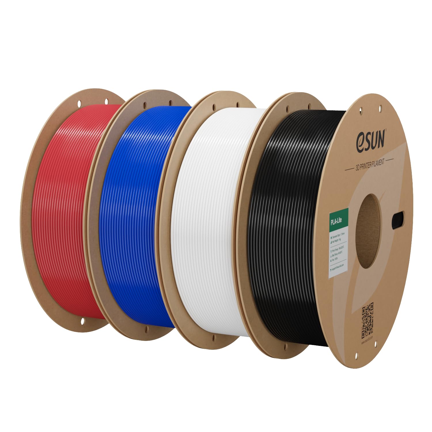 eSUN PLA Filament 1.75mm, Modifiziertes 3D Drucker Filament PLA, Maßgenauigkeit +/- 0.03mm, 1KG pro Spule, 4 Spulen 3D Druck Filament für 3D Drucker, Feuerrot+Blau+Kaltes Weiß+Schwarz