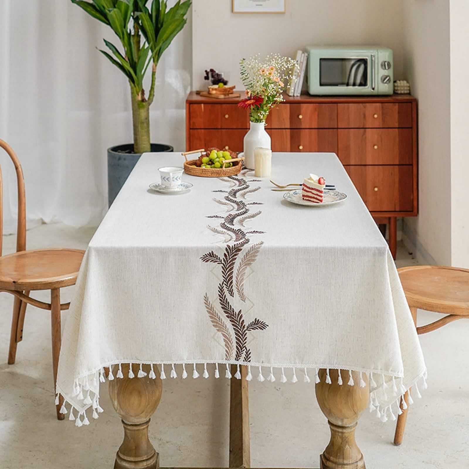 Tischdecke 140x220CM, Rechteckig Tischtücher Blatt mit Quaste Baumwolle Leinen, Tischdecke für Gartentisch Wasserabweisend für Esszimmer, Garten, Hochzeiten, Kaffee